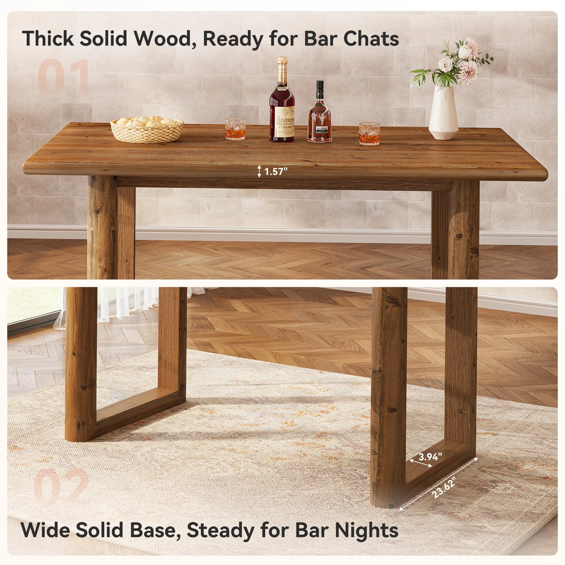 63" Solid Wood Dining Table for 4-6 People, Rectangle Kitchen Table with U-Shaped Legs - Image 7