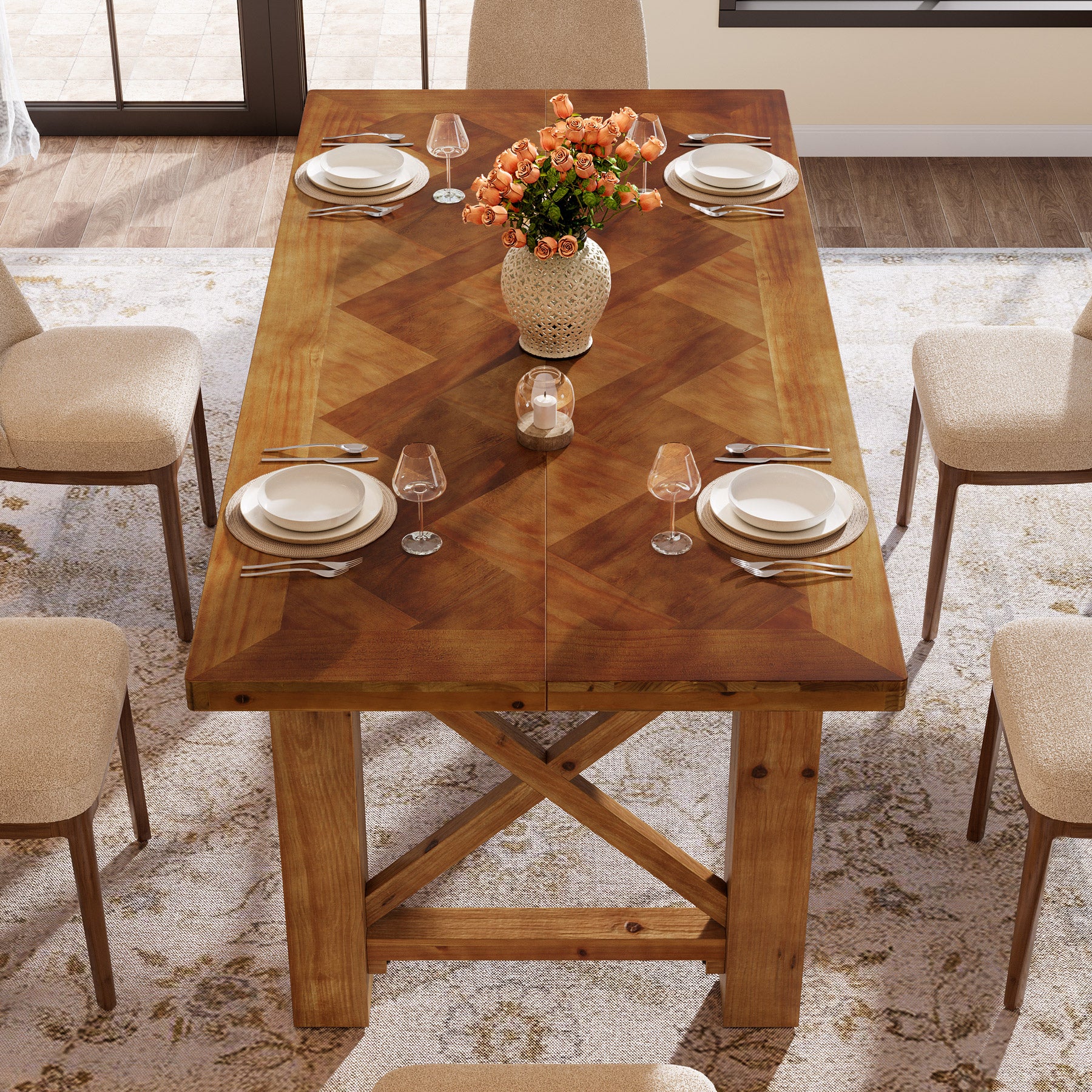 63" Solid Wood Dining Table for 4-6, Rectangle Kitchen Table with X-Shaped Frame - Image 6