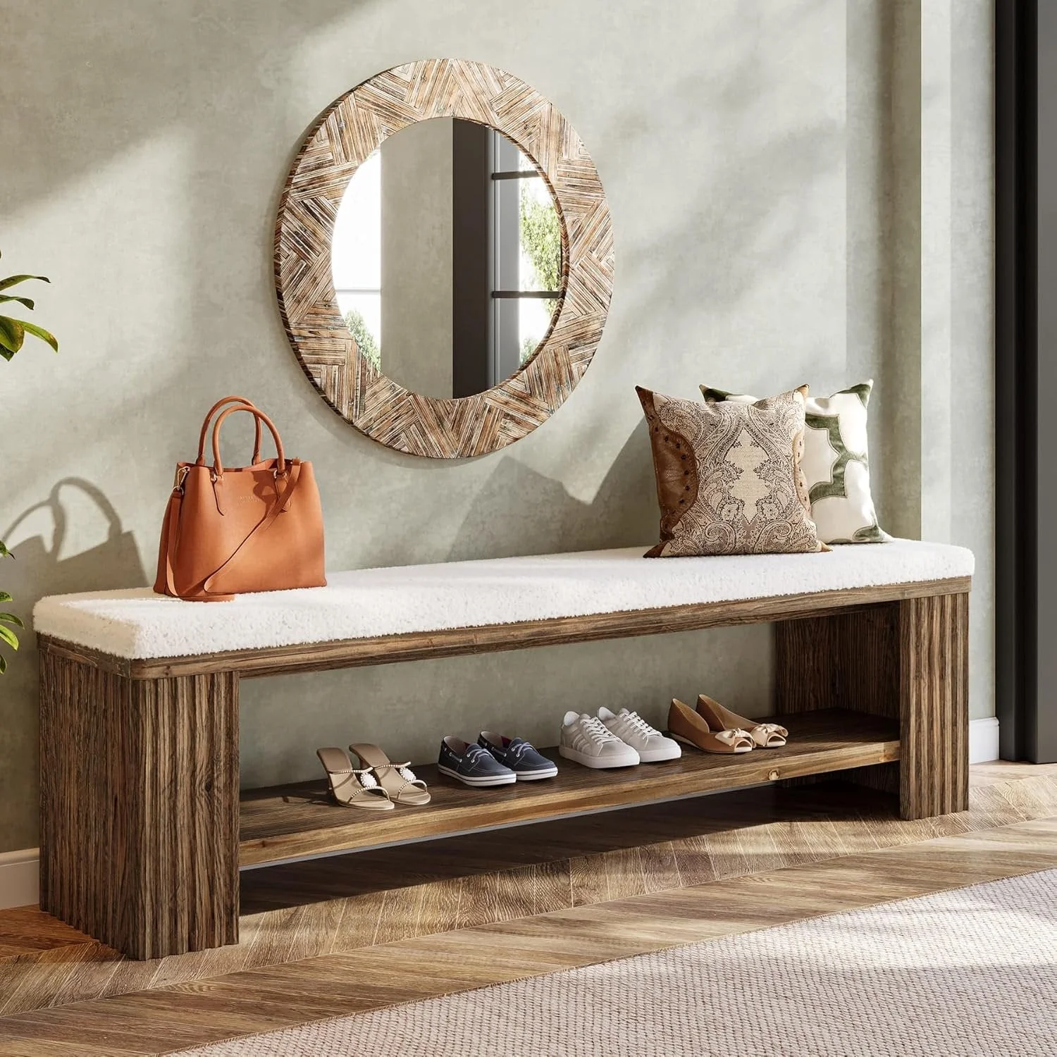 63" Solid Wood Entryway Bench, Modern Upholstered End of Bed Bench