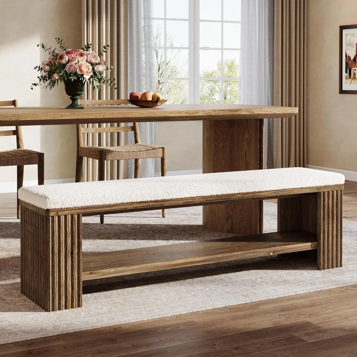 63" Solid Wood Entryway Bench, Modern Upholstered End of Bed Bench - Image 6