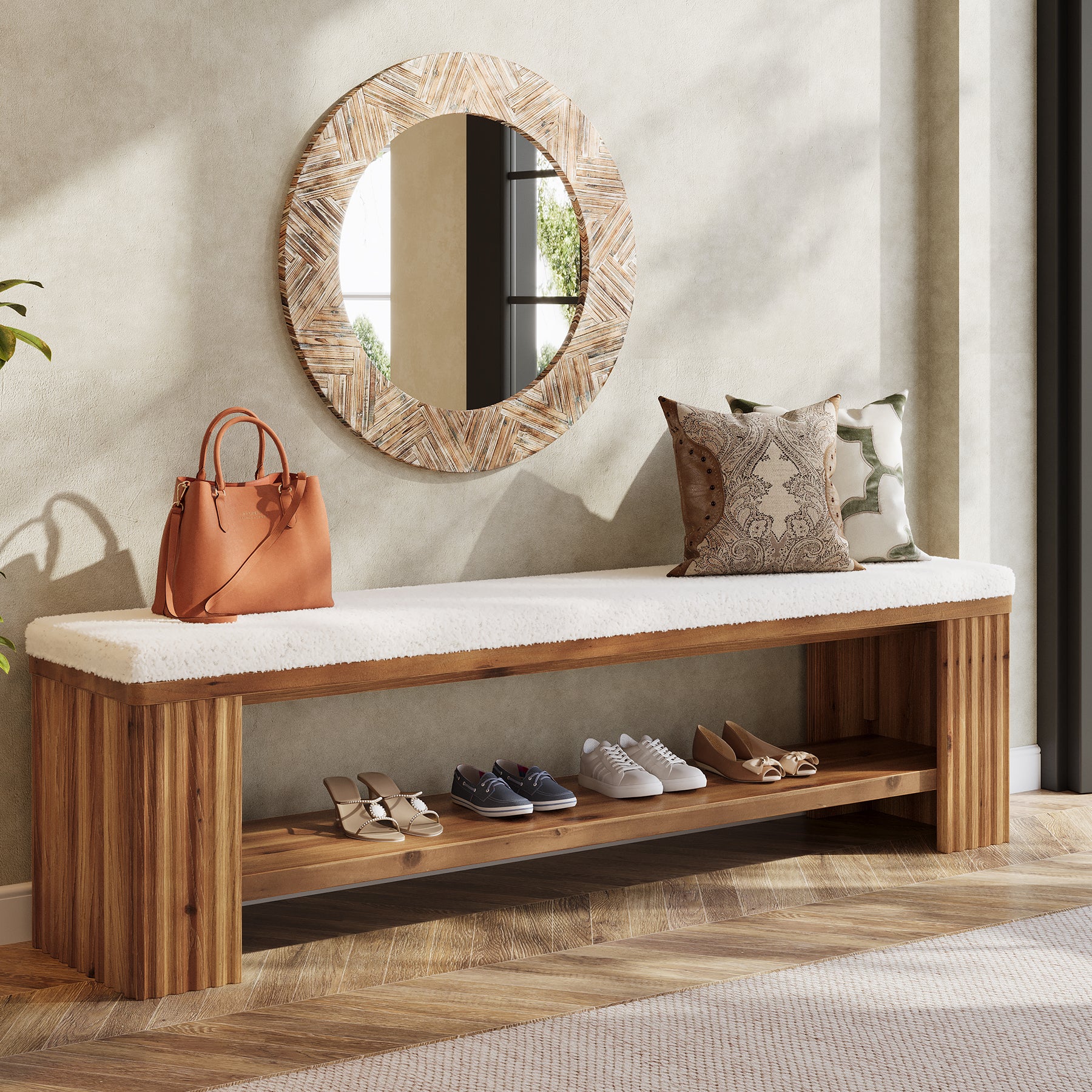 63" Solid Wood Entryway Bench, Modern Upholstered End of Bed Bench - Image 9