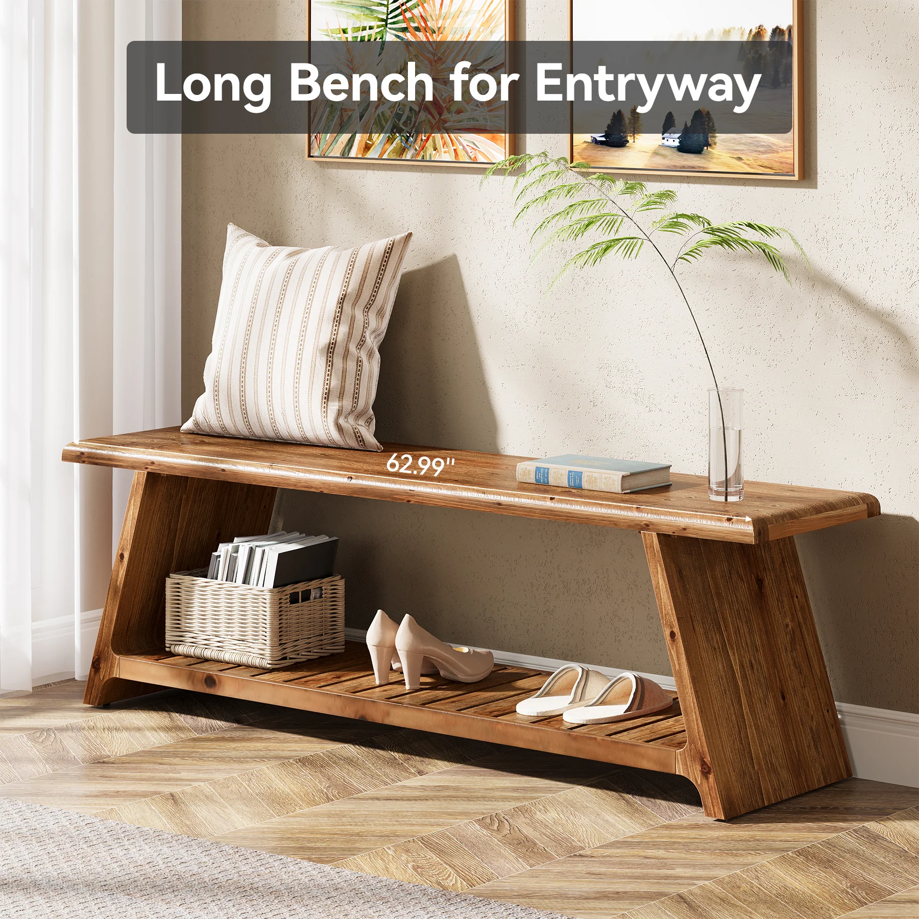 63" Solid Wood Entryway Bench, Narrow Shoe Bench Seat with Storage - Image 7