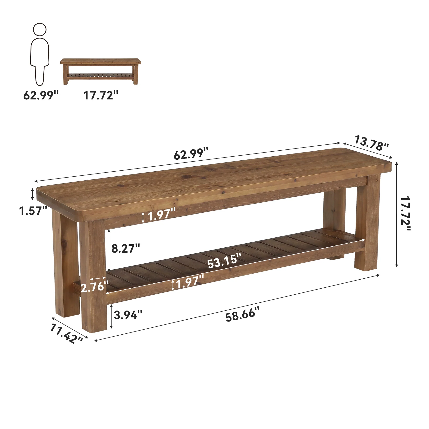 63" Solid Wood Entryway Bench with Storage, 2-Tier Farmhouse Shoe Bench for Hallway - Image 2