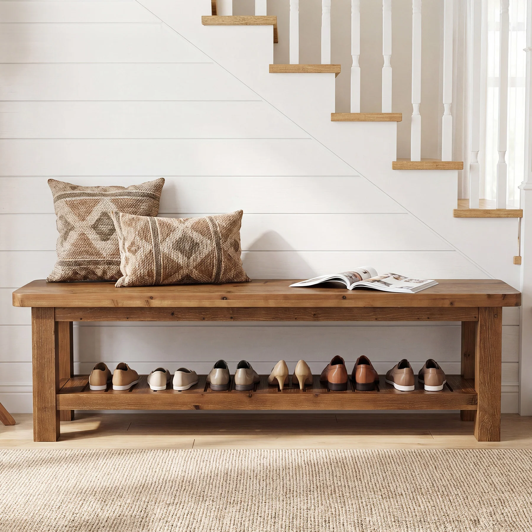 63" Solid Wood Entryway Bench with Storage, 2-Tier Farmhouse Shoe Bench for Hallway - Image 3