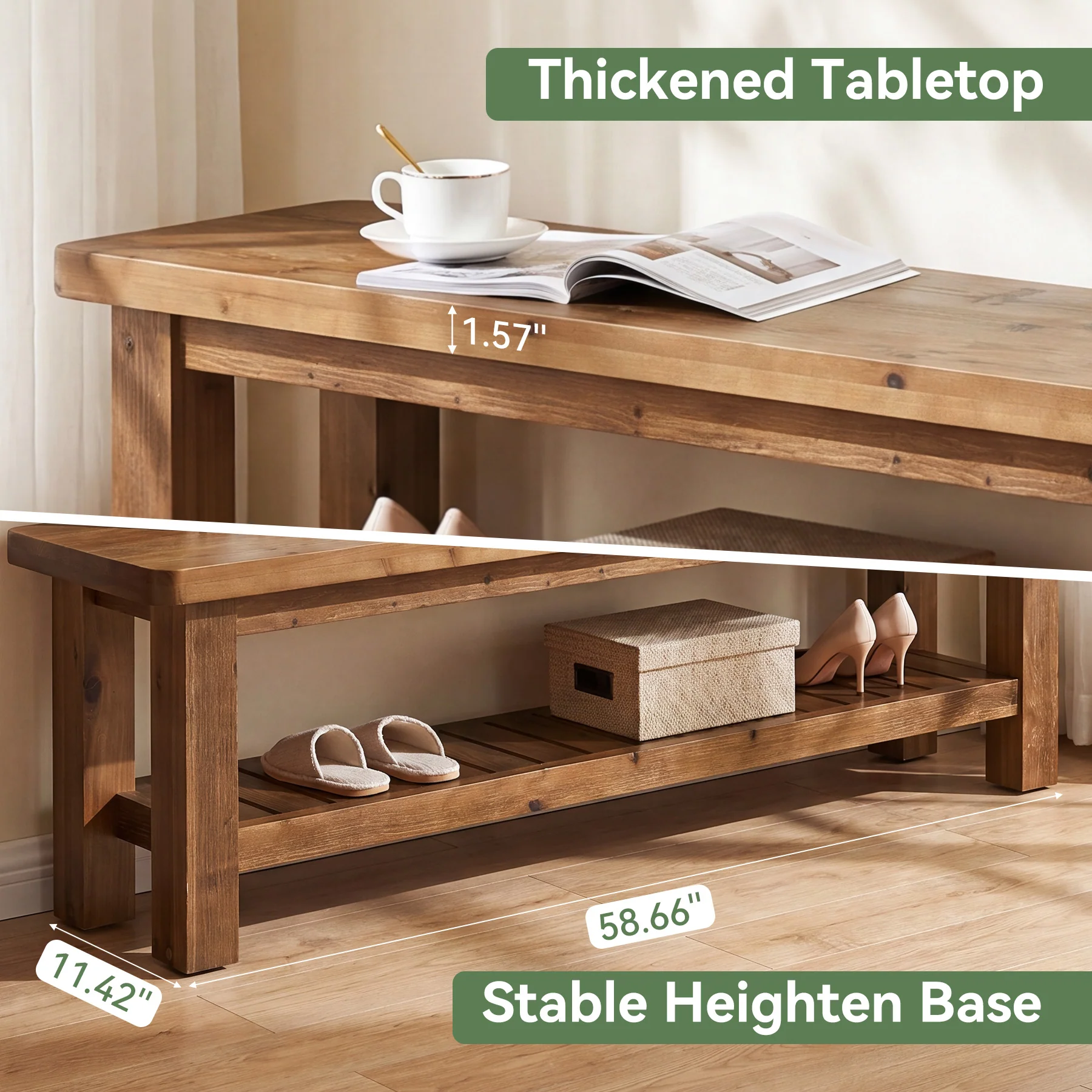 63" Solid Wood Entryway Bench with Storage, 2-Tier Farmhouse Shoe Bench for Hallway - Image 5