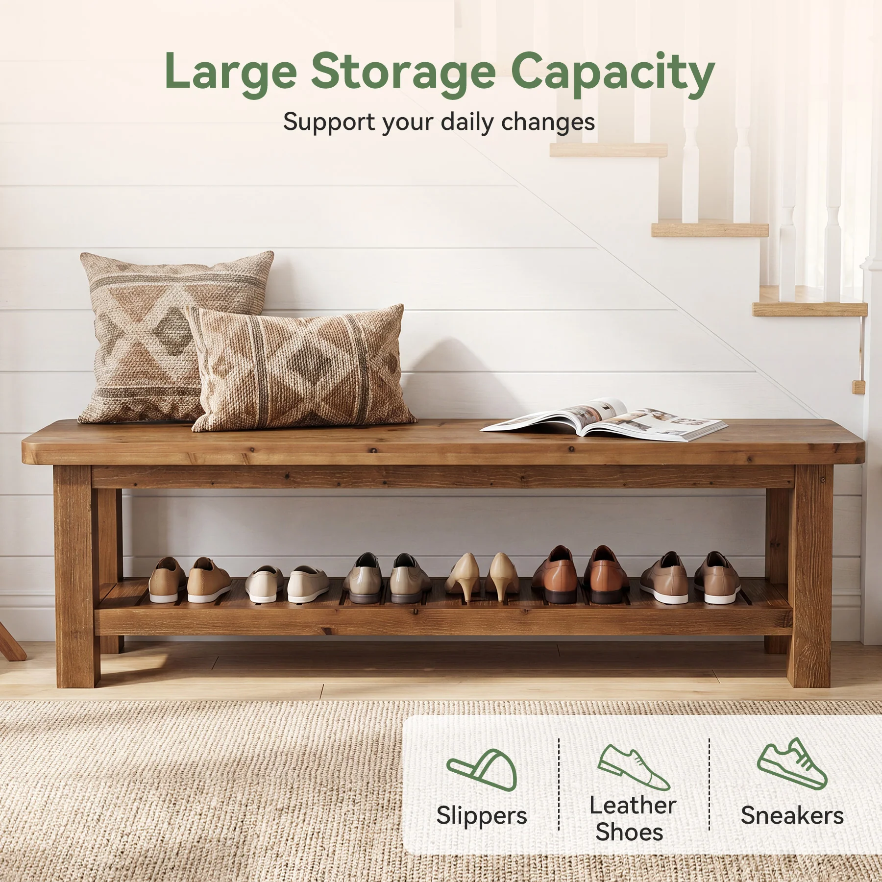 63" Solid Wood Entryway Bench with Storage, 2-Tier Farmhouse Shoe Bench for Hallway - Image 6