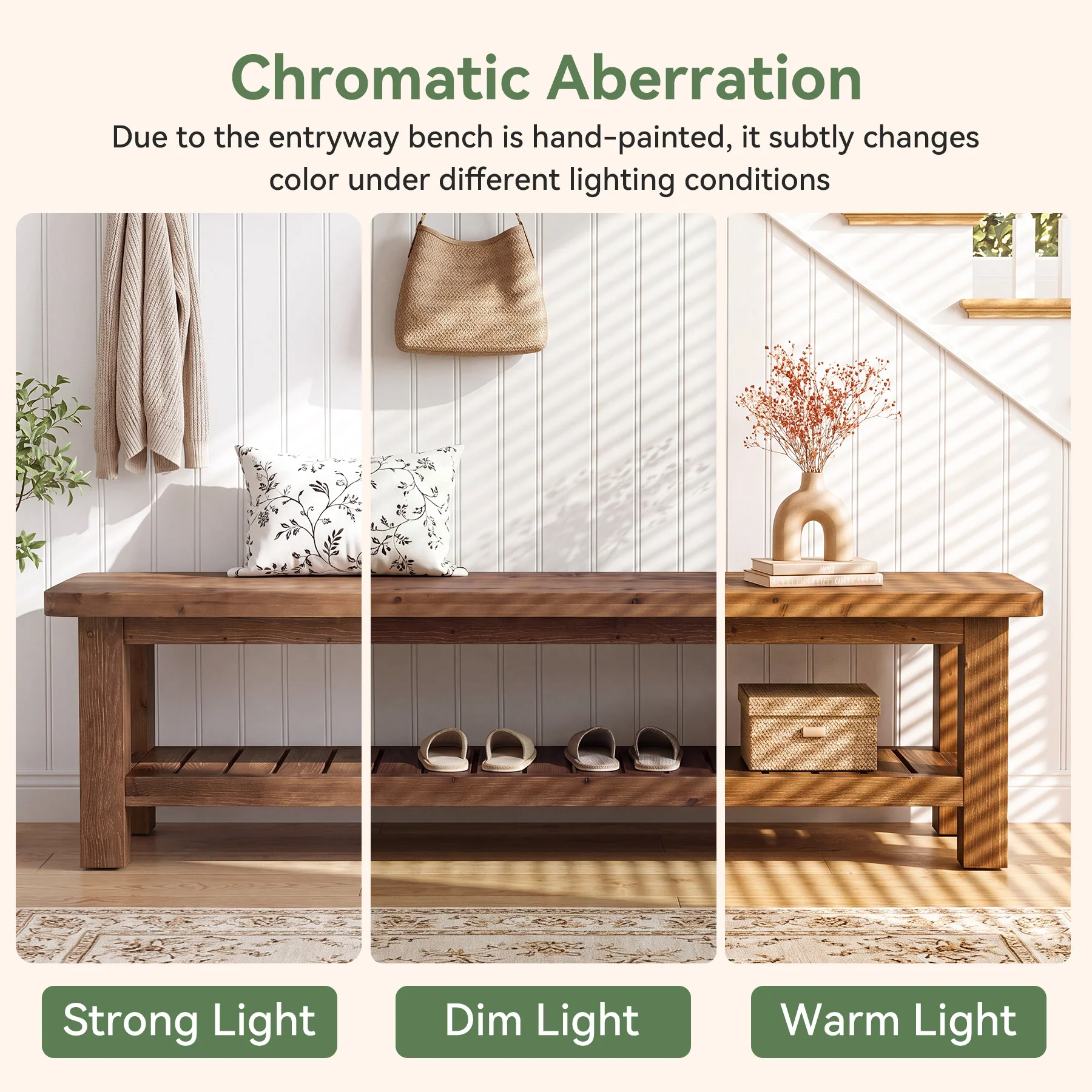 63" Solid Wood Entryway Bench with Storage, 2-Tier Farmhouse Shoe Bench for Hallway - Image 8