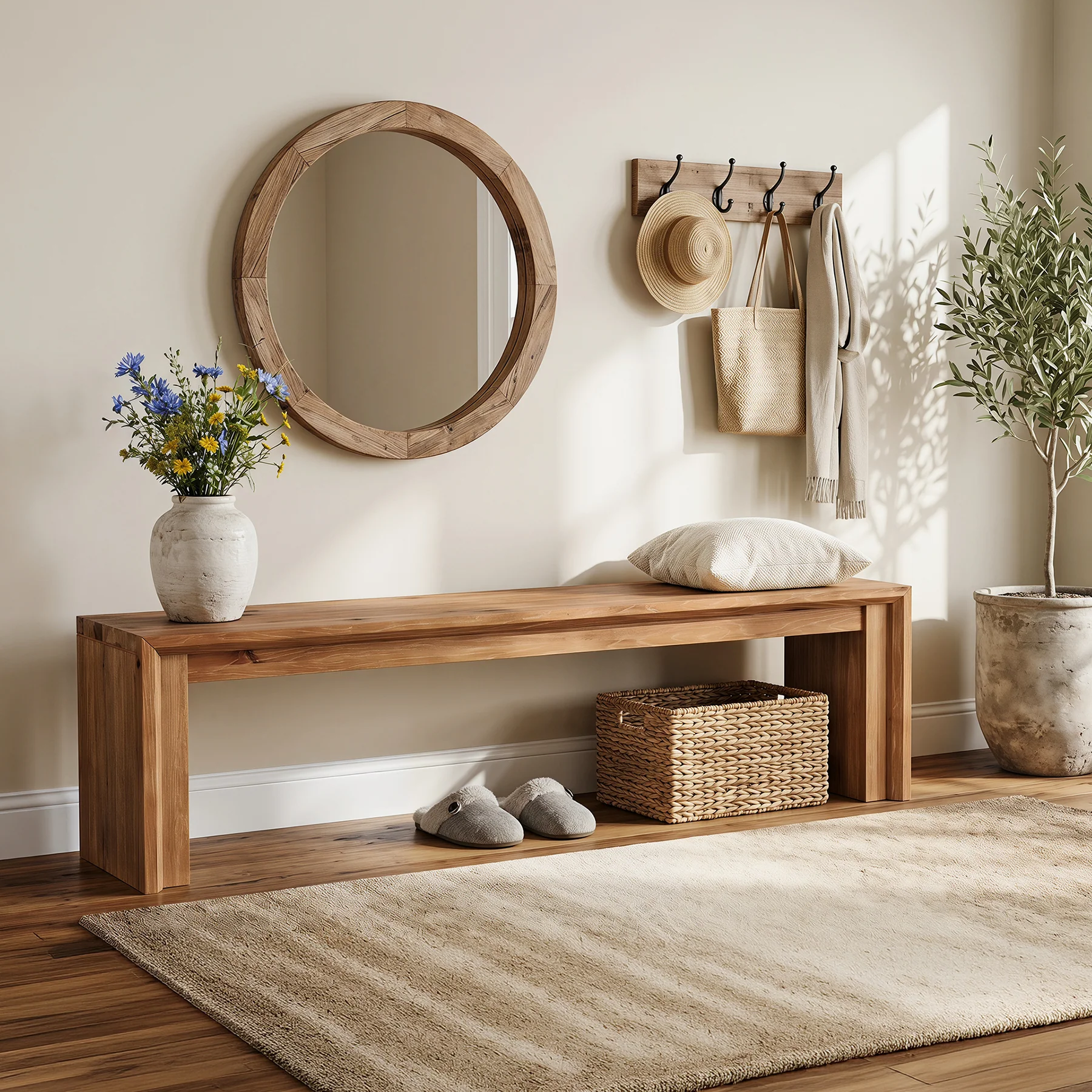 63" Solid Wood Entryway Shoe Bench, Farmhouse End of Bed Bench for 2-3 People - Image 4