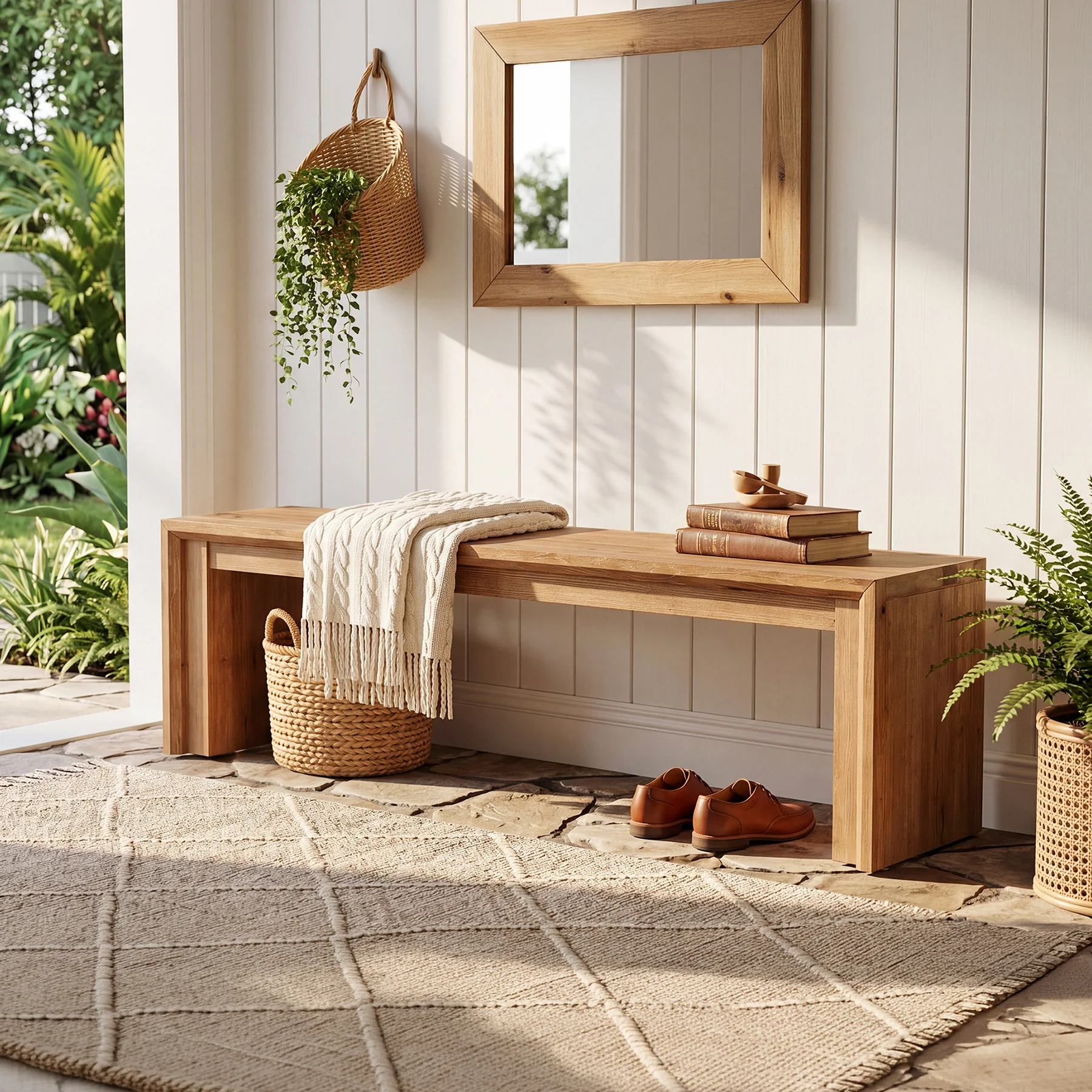 63" Solid Wood Entryway Shoe Bench, Farmhouse End of Bed Bench for 2-3 People - Image 6