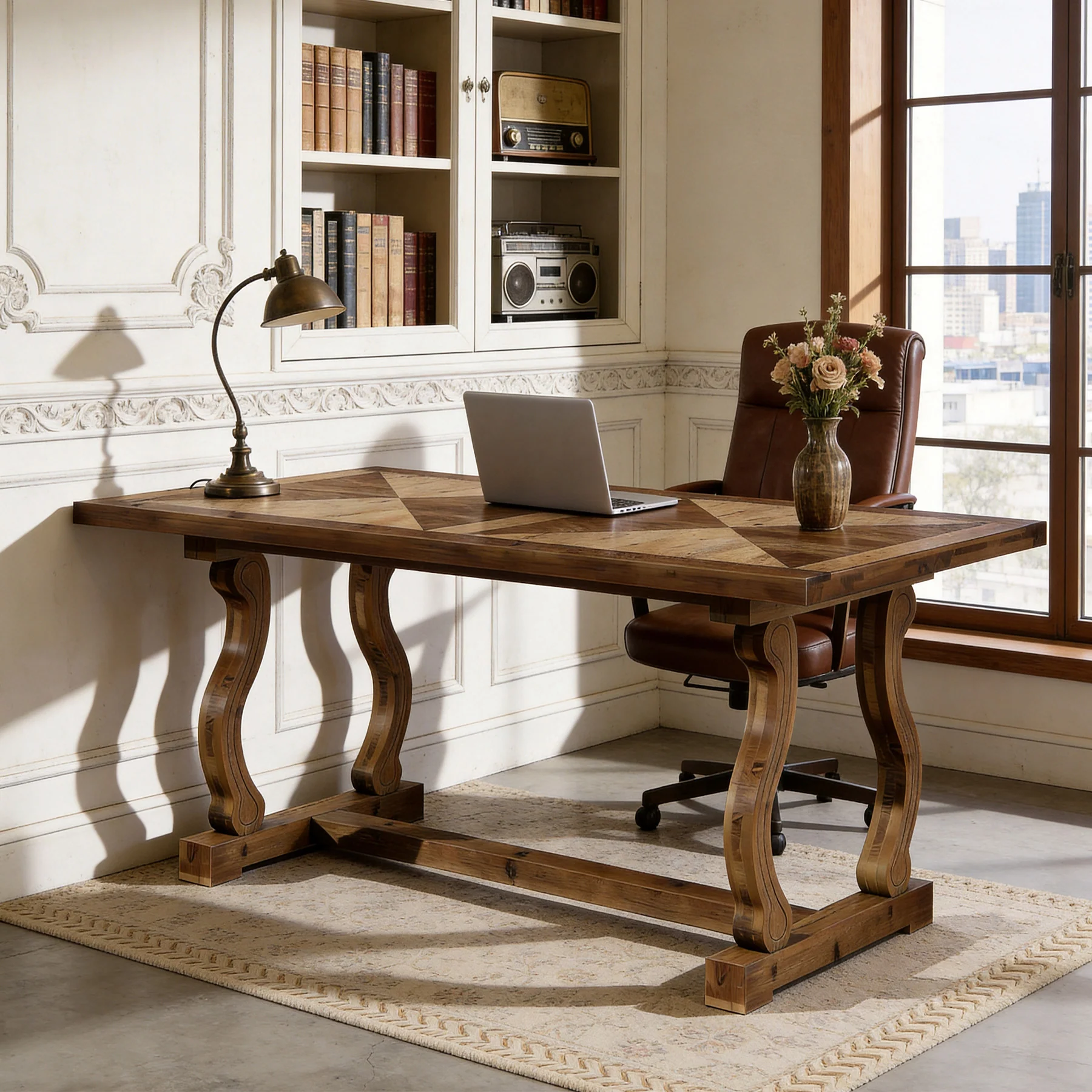 63" Solid Wood Executive Desk, Farmhouse Computer Desk with Parquetry Top & Scroll Legs for Home Office - Image 6