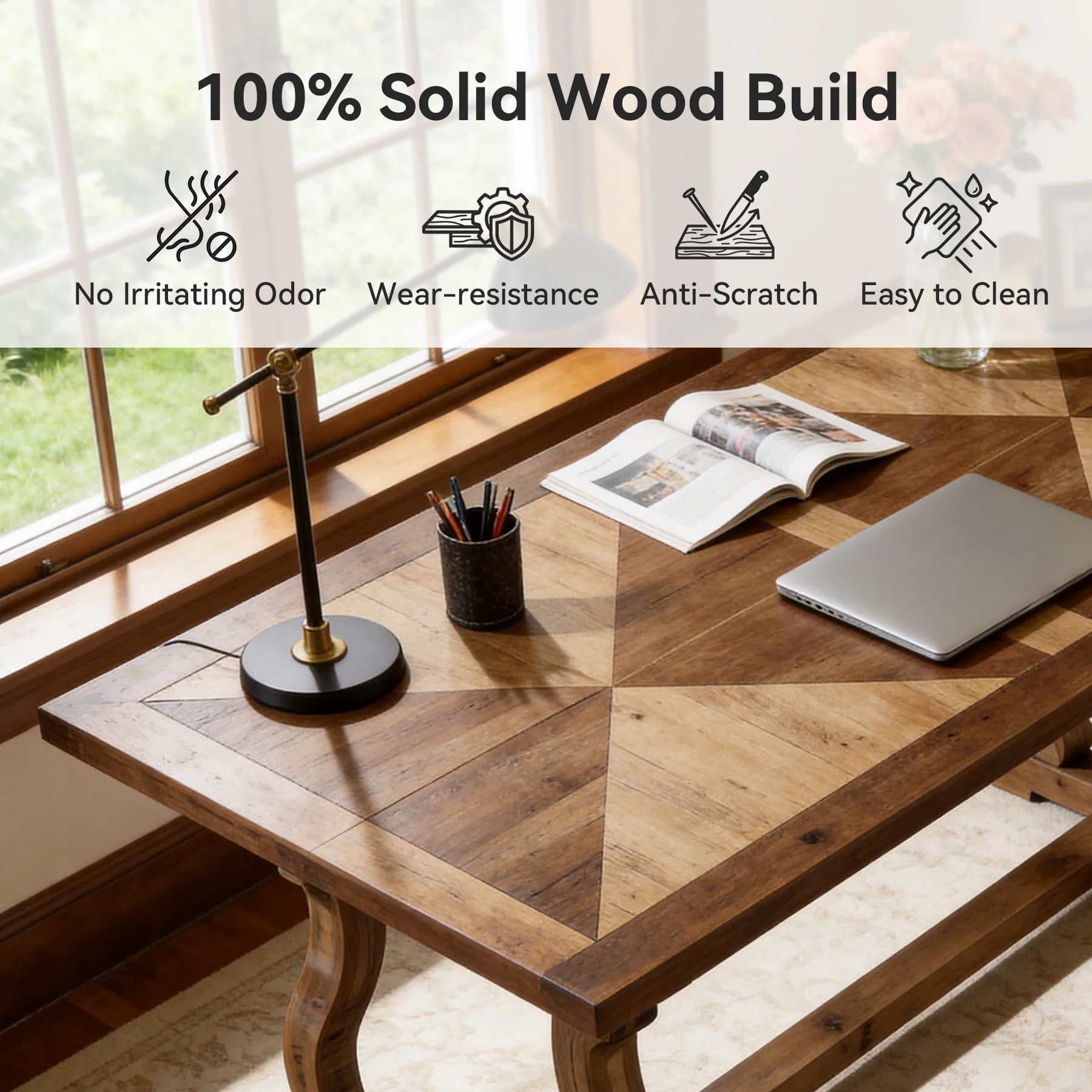 63" Solid Wood Executive Desk, Farmhouse Computer Desk with Parquetry Top & Scroll Legs for Home Office - Image 8