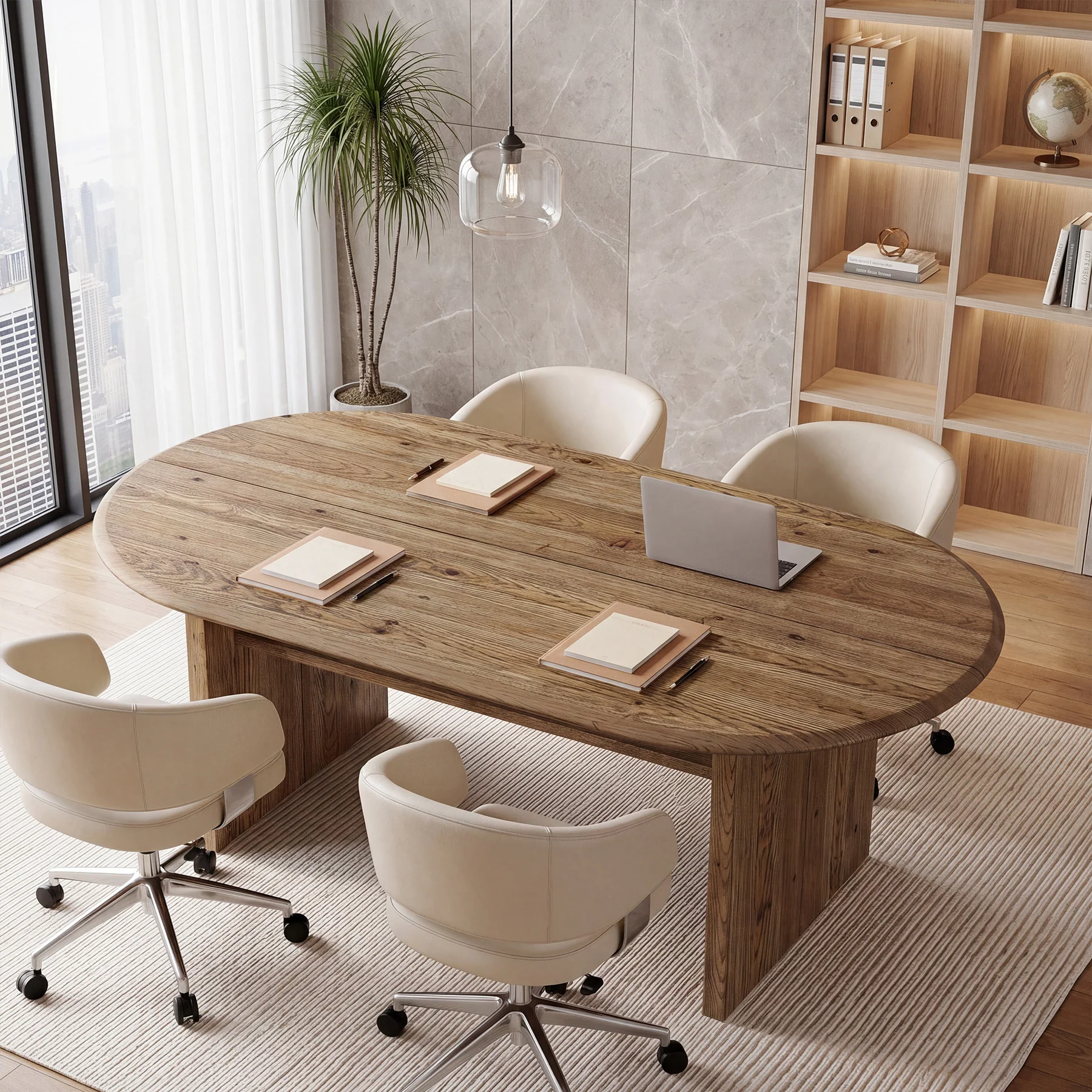 63" Solid Wood Executive Desk, Oval Computer Desk with Storage Shelf for Home Office - Image 4