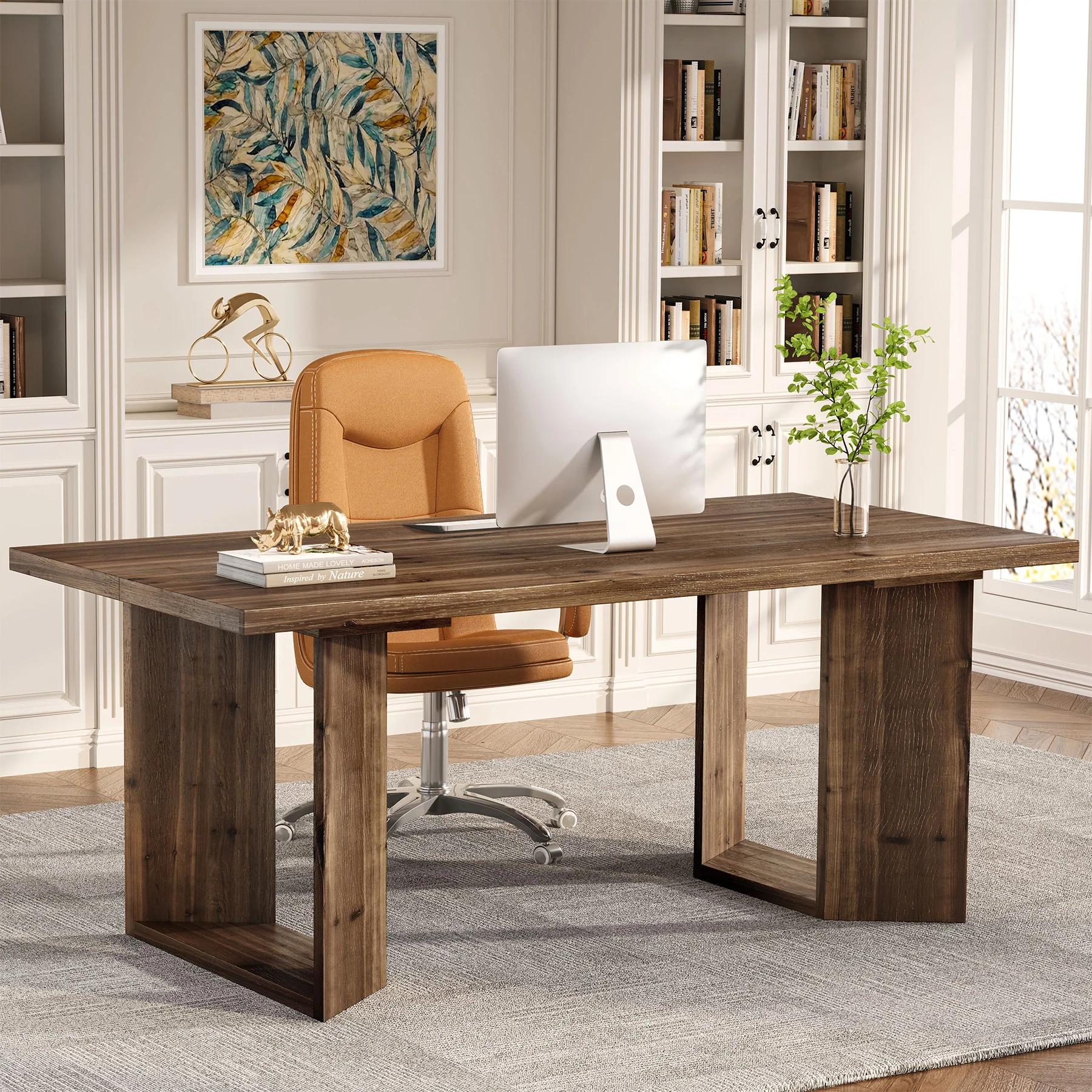 63" Solid Wood Executive Desk, Rectangular Office Computer Desk with U-Shaped Frames - Image 3