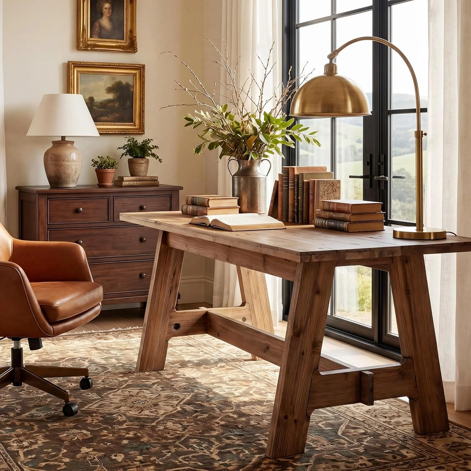 63" Wood Executive Office Desk, Large Rustic Computer Writing Desk for Home Office, Living Room - Image 3