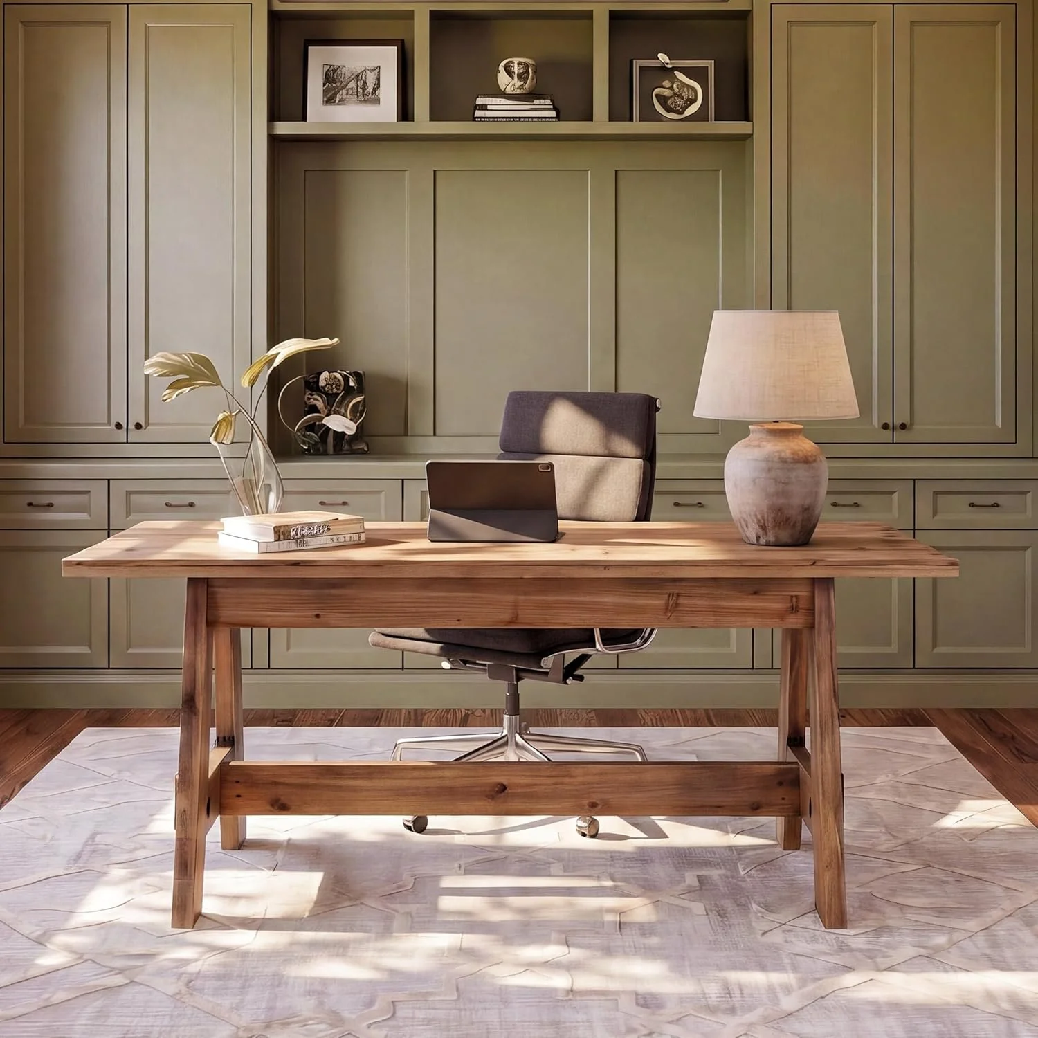63" Wood Executive Office Desk, Large Rustic Computer Writing Desk for Home Office, Living Room - Image 4