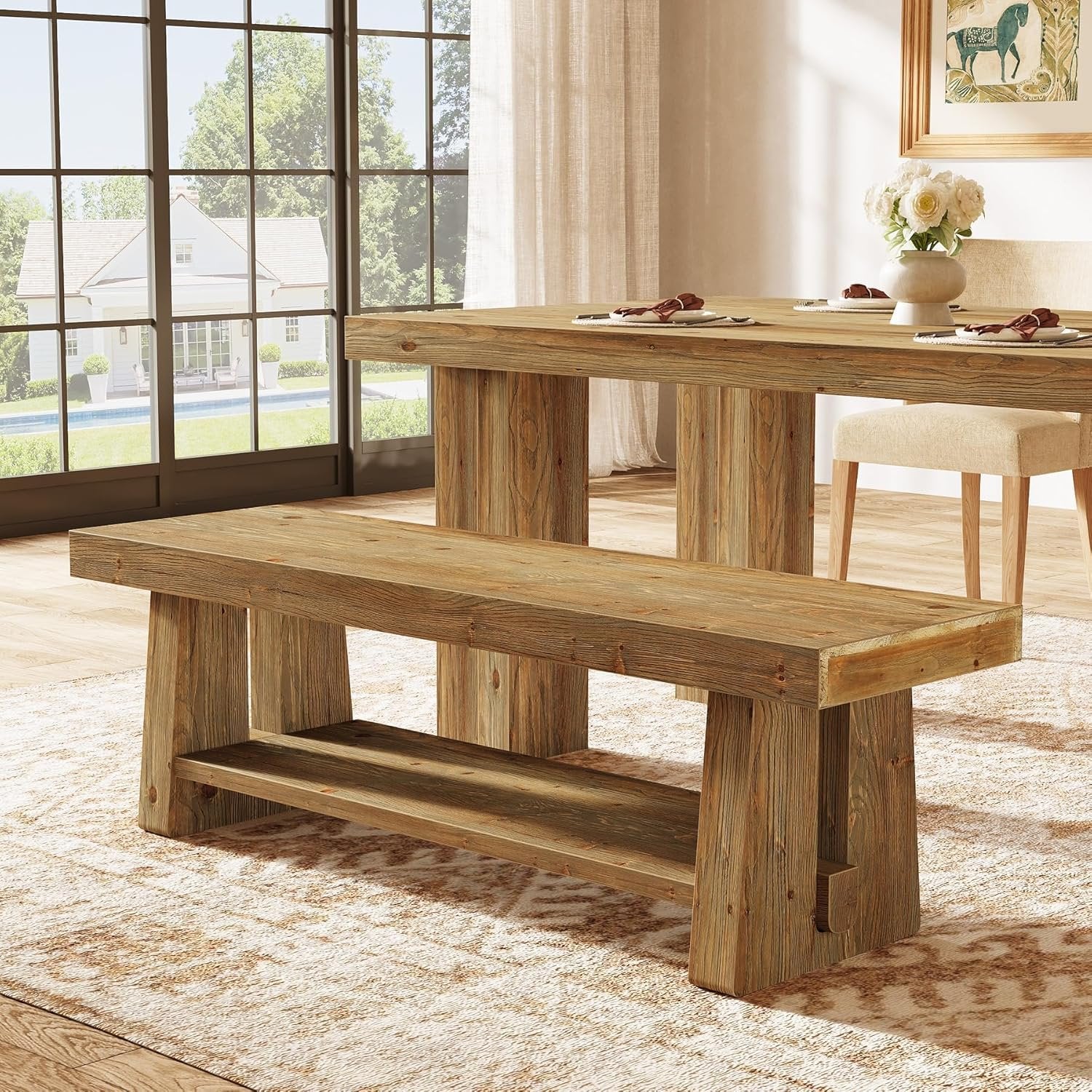 63" Solid Wood Farmhouse Bench with Open Shelves, 2-Tier Shoe Storage Bench for Hallway & Bedroom - Image 6