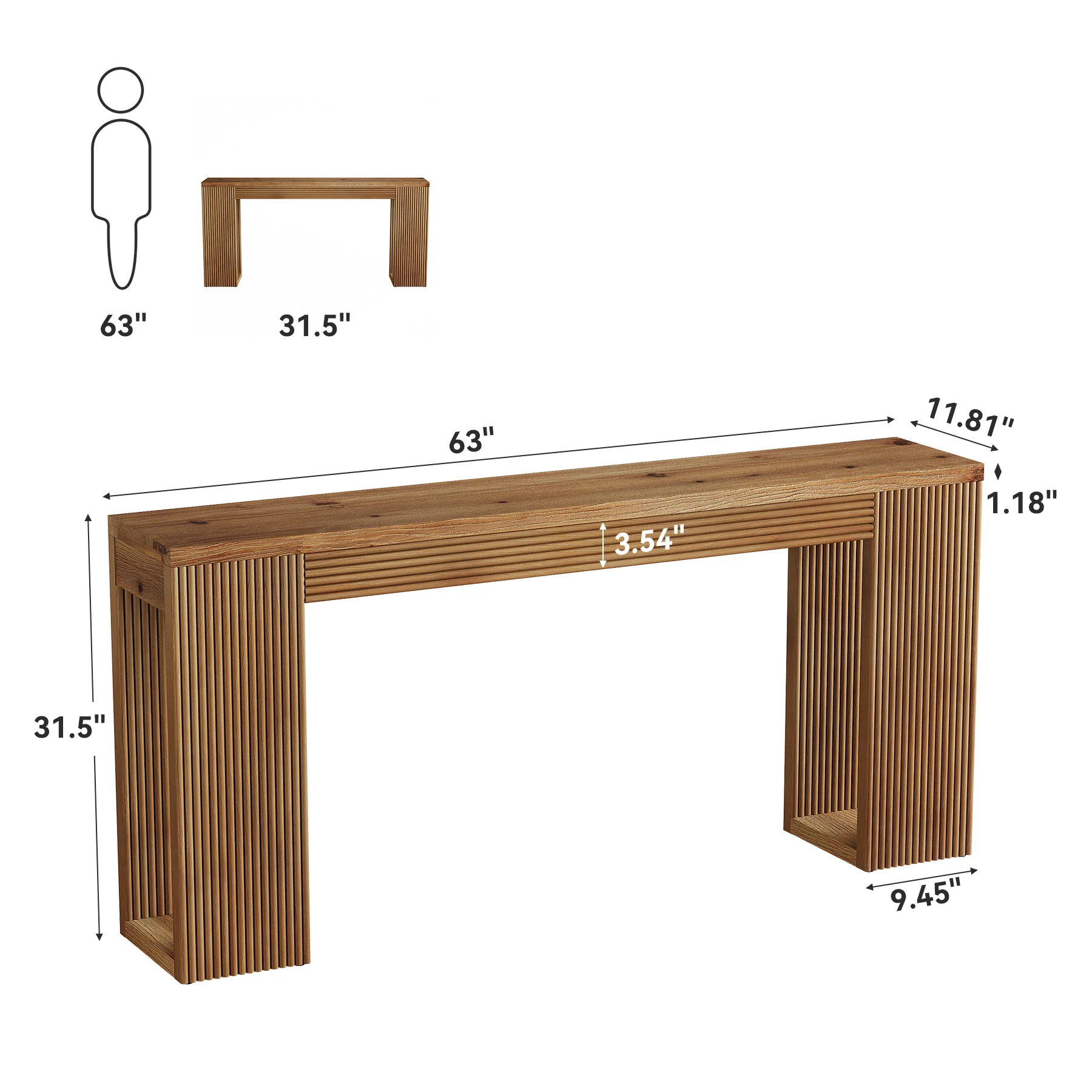 63" Solid Wood Farmhouse Console Table, Narrow Entryway Sofa Table with Fluted Legs - Image 2