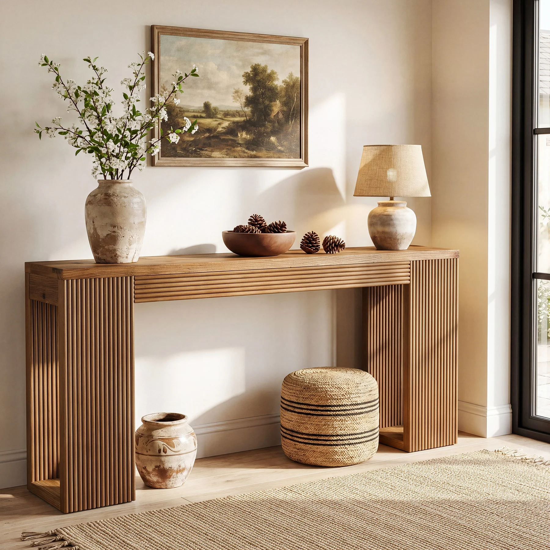 63" Solid Wood Farmhouse Console Table, Narrow Entryway Sofa Table with Fluted Legs - Image 3