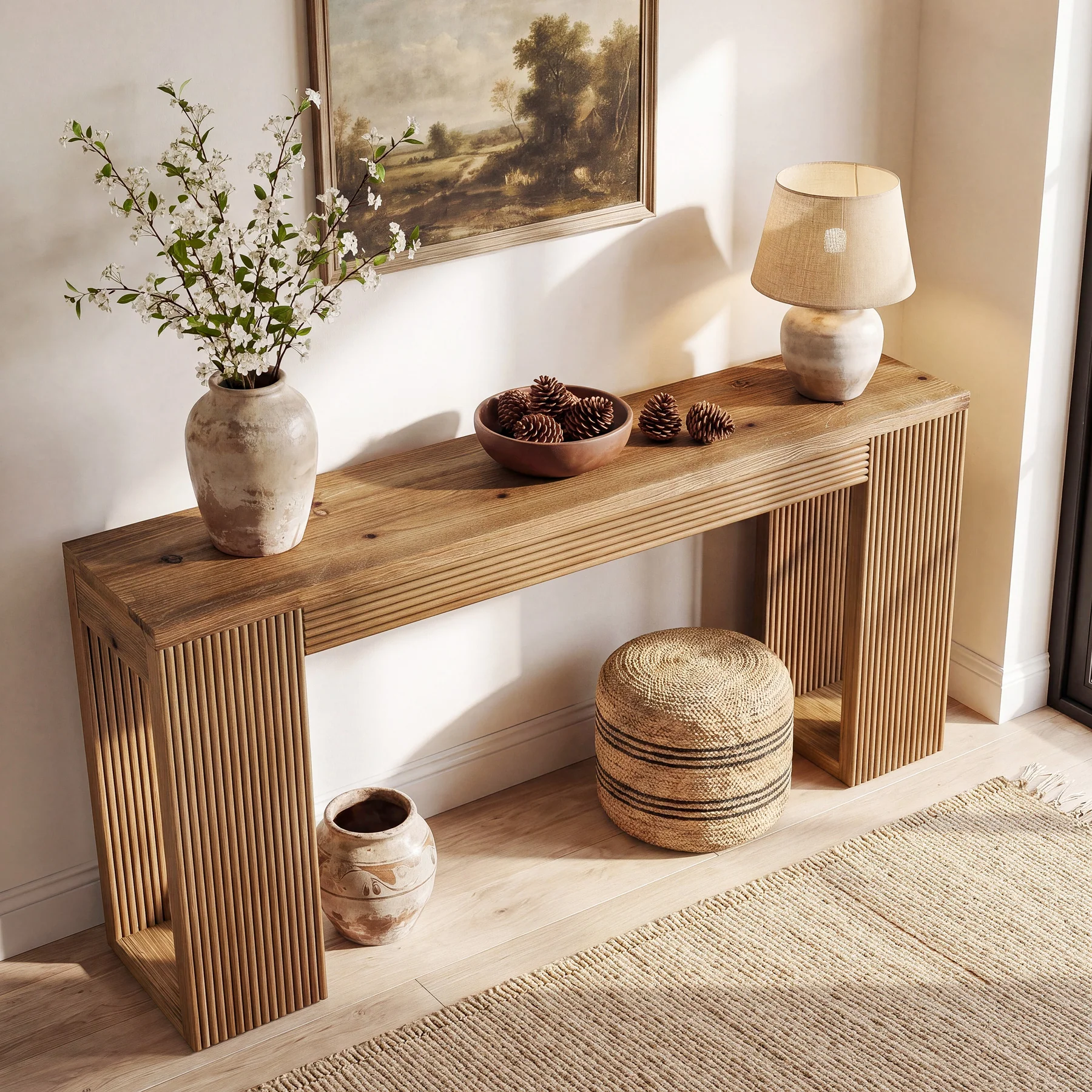 63" Solid Wood Farmhouse Console Table, Narrow Entryway Sofa Table with Fluted Legs - Image 4