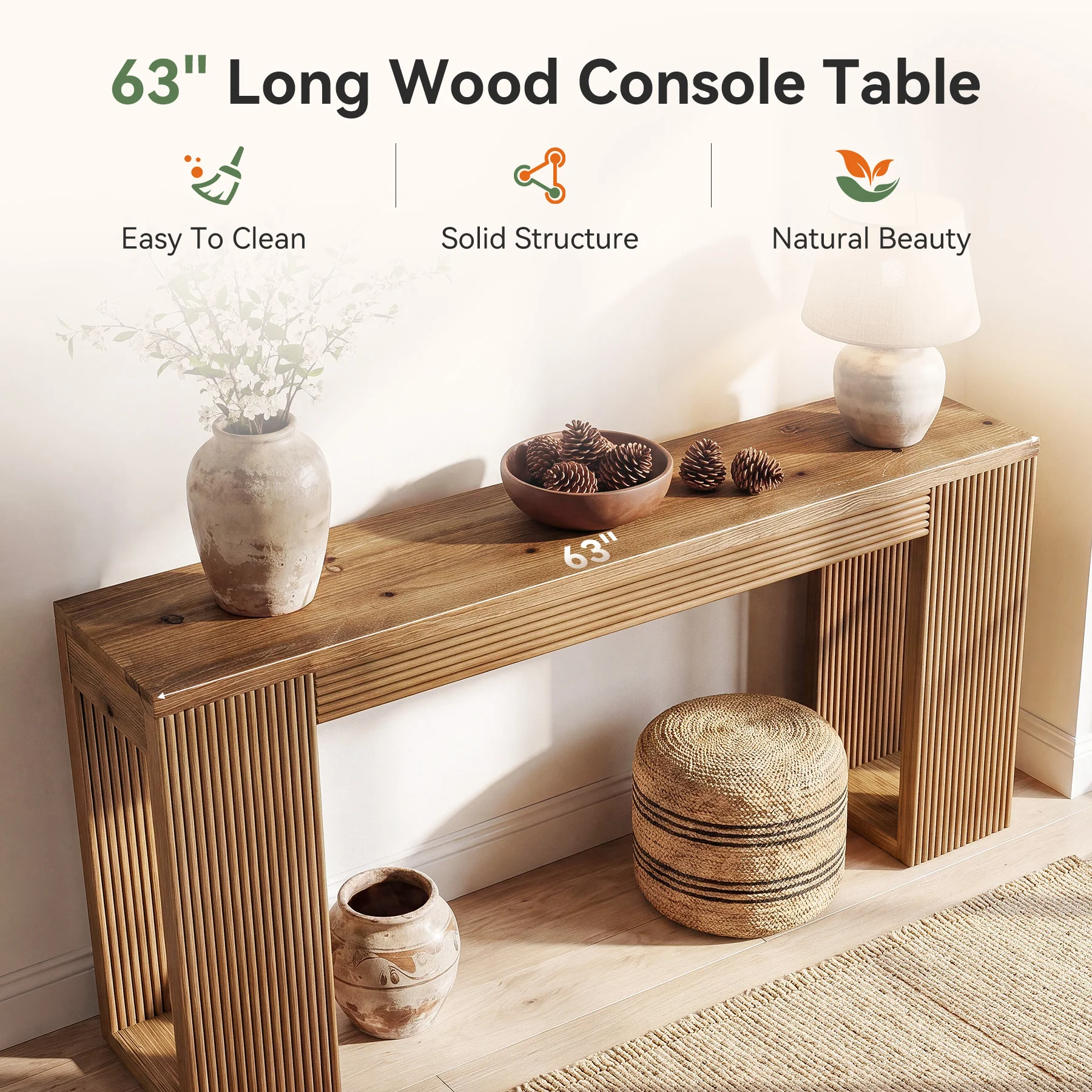 63" Solid Wood Farmhouse Console Table, Narrow Entryway Sofa Table with Fluted Legs - Image 5