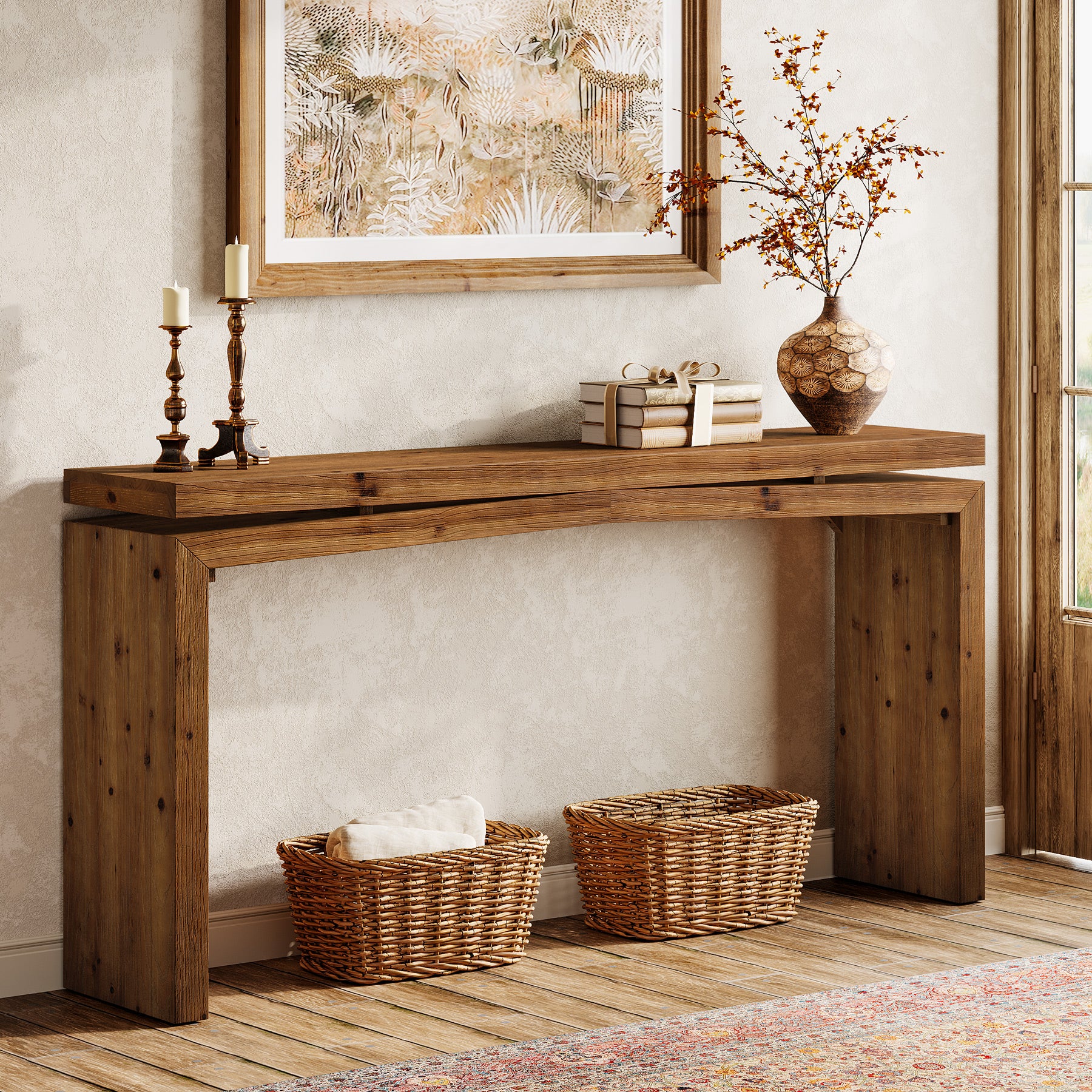 63" Solid Wood Farmhouse Console Table with 2-Tier Shelf, Long Sofa Table for Entryway, Living Room, or Behind Couch - Image 4