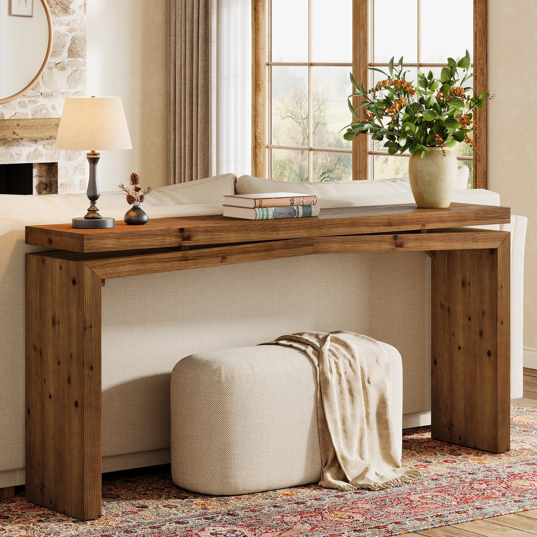 63" Solid Wood Farmhouse Console Table with 2-Tier Shelf, Long Sofa Table for Entryway, Living Room, or Behind Couch - Image 5