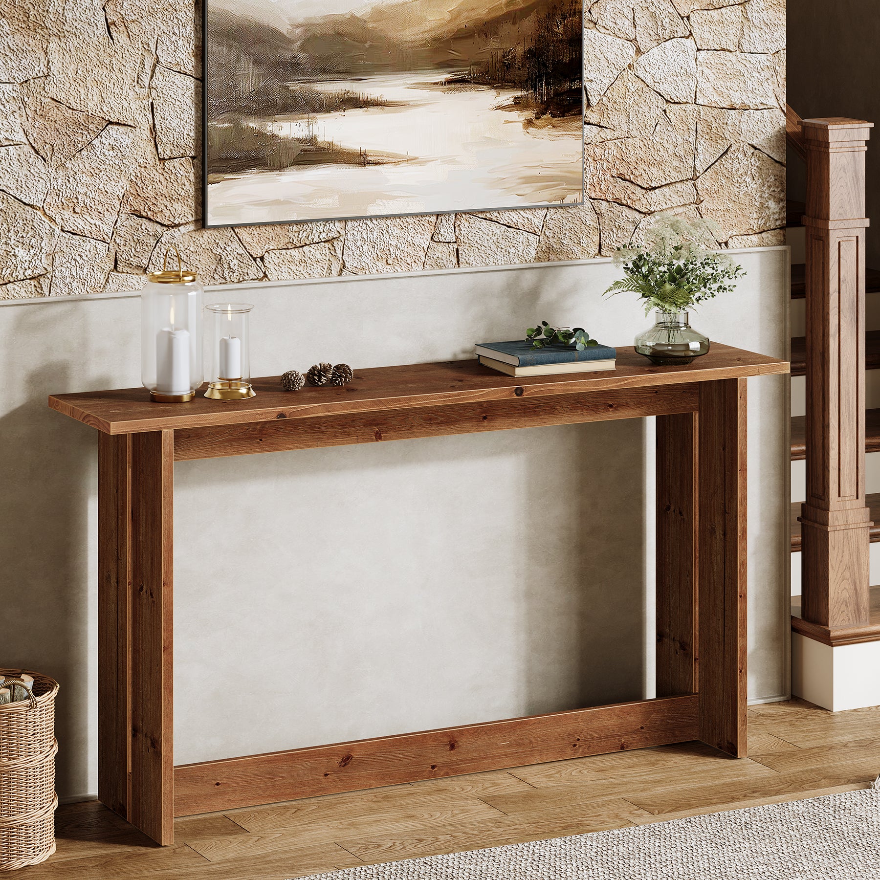 63“ Solid Wood Farmhouse Console Table with Bottom Shelf, Entryway Sofa Table for Hallway or Behind Couch - Image 10