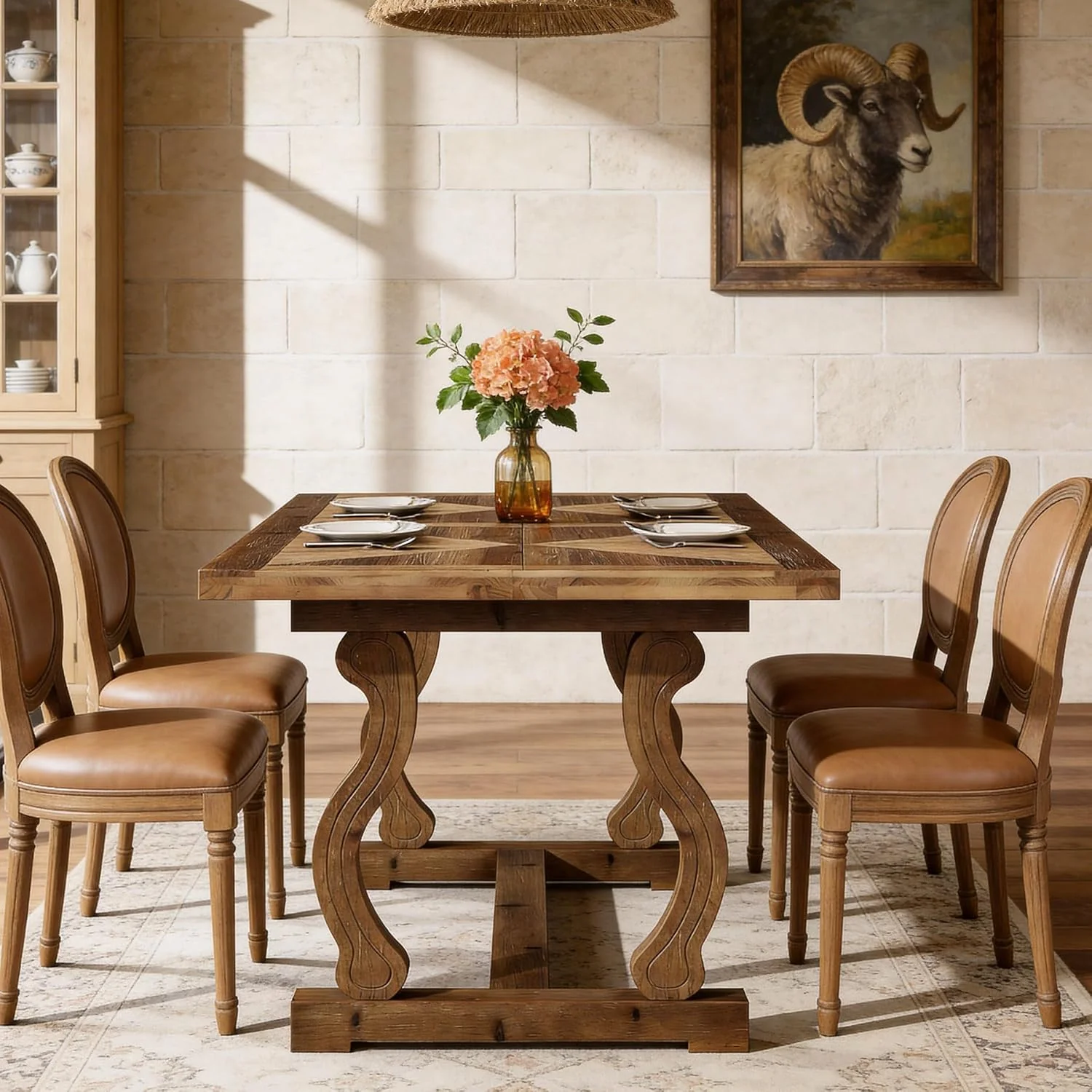 63" Solid Wood Farmhouse Dining Table for 4–6, Rectangular Kitchen Table with Parquetry Top & Scroll Legs - Image 6