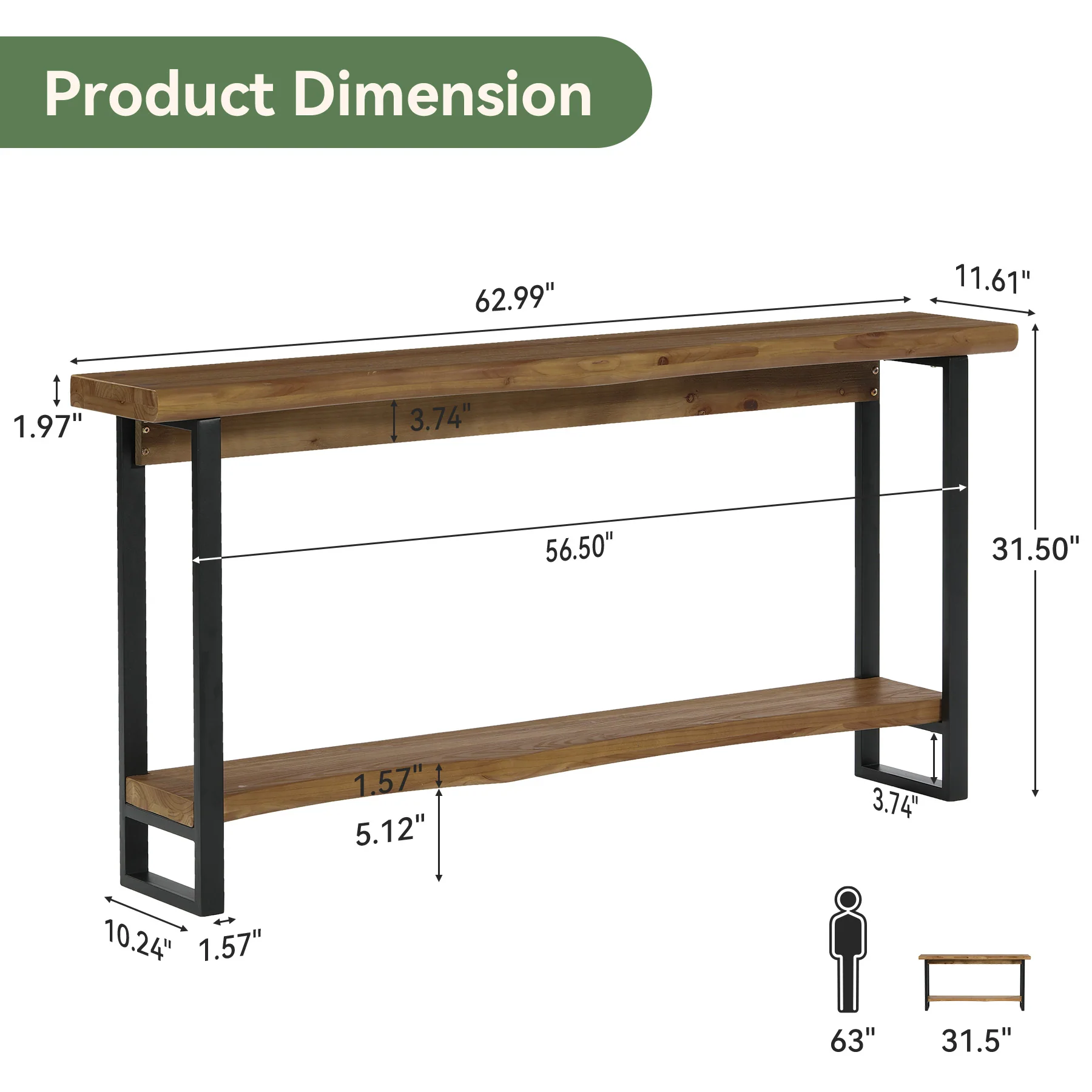 63" Solid Wood Live-Edge Console Table with Metal Legs – Narrow Farmhouse Sofa Table - Image 11