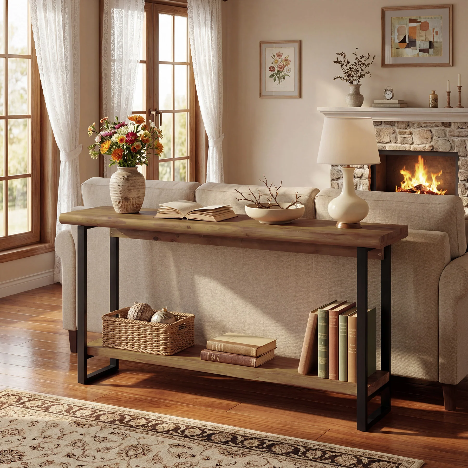 63" Solid Wood Live-Edge Console Table with Metal Legs – Narrow Farmhouse Sofa Table - Image 13