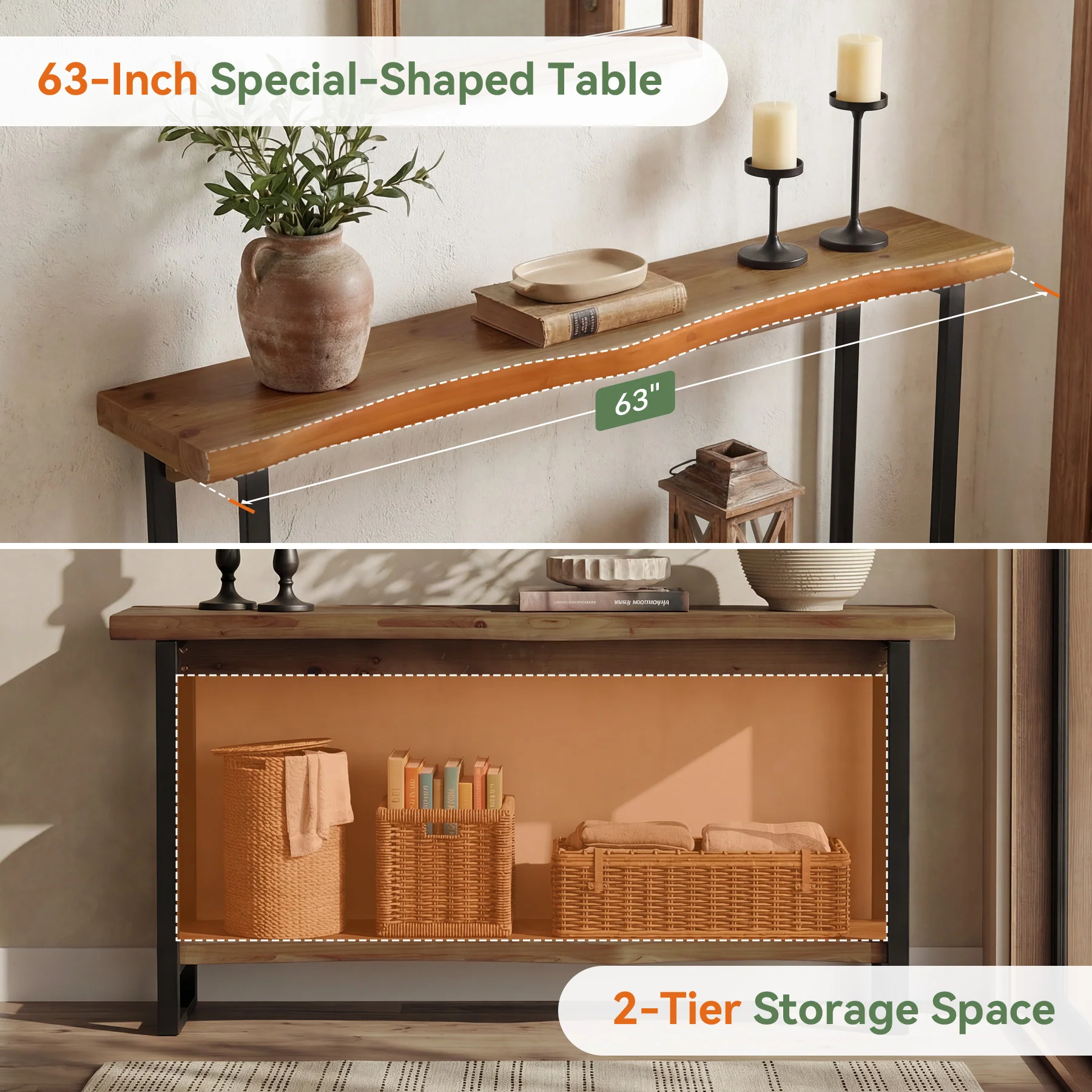 63" Solid Wood Live-Edge Console Table with Metal Legs – Narrow Farmhouse Sofa Table - Image 15