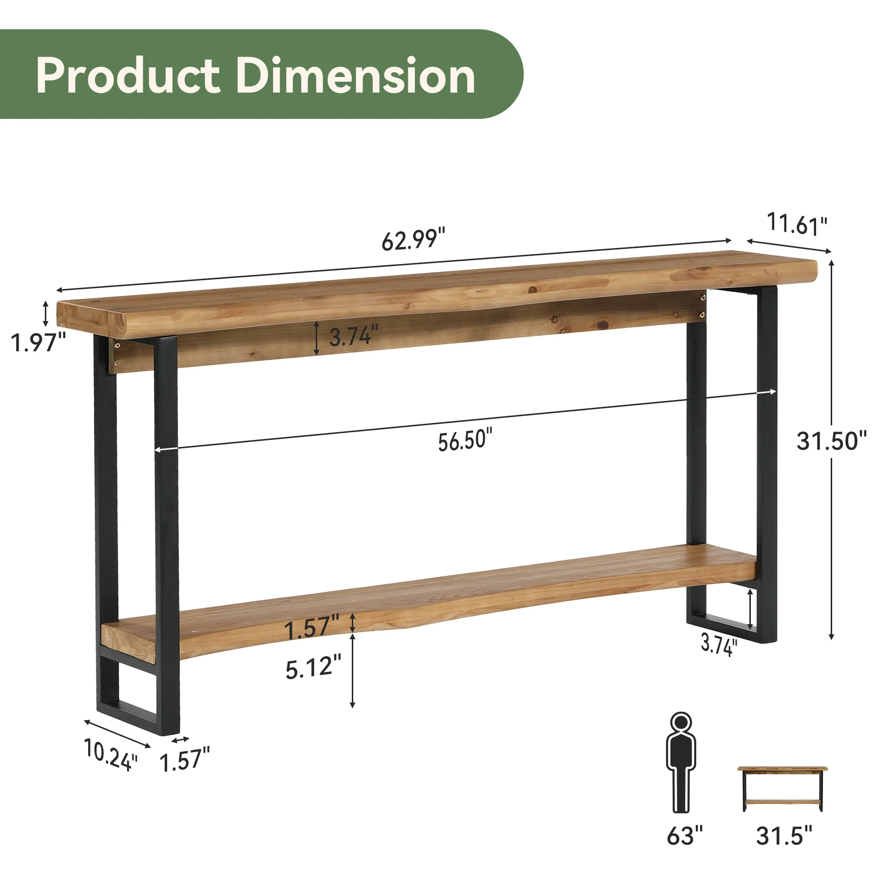 63" Solid Wood Live-Edge Console Table with Metal Legs – Narrow Farmhouse Sofa Table - Image 2