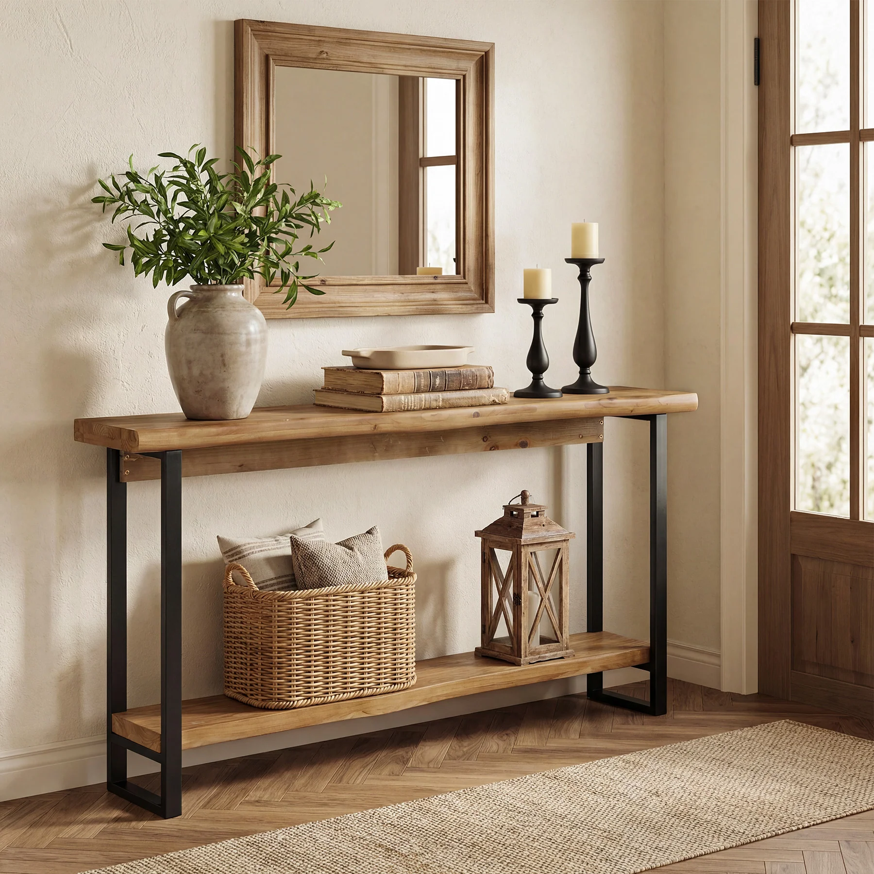 63" Solid Wood Live-Edge Console Table with Metal Legs – Narrow Farmhouse Sofa Table - Image 3