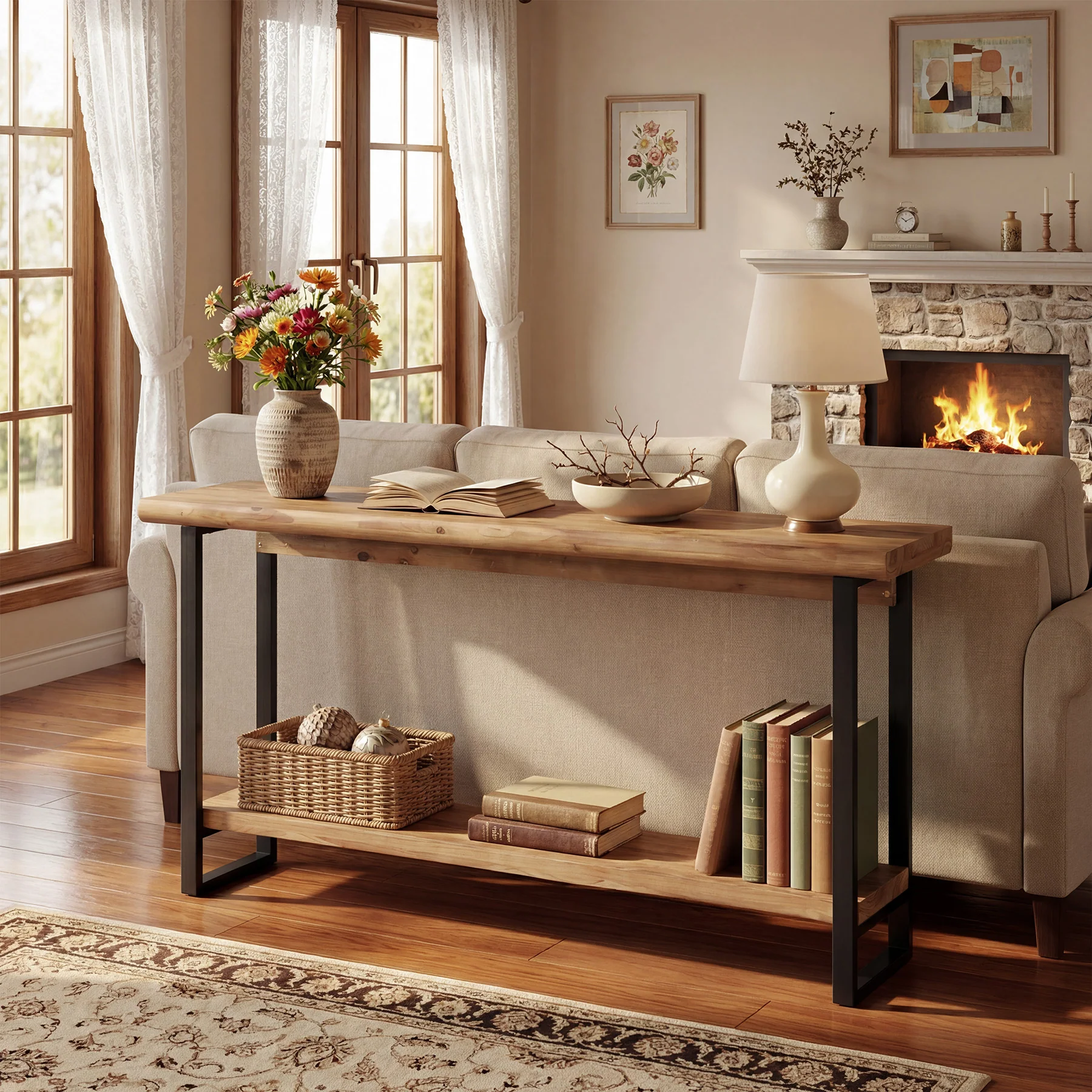 63" Solid Wood Live-Edge Console Table with Metal Legs – Narrow Farmhouse Sofa Table - Image 5