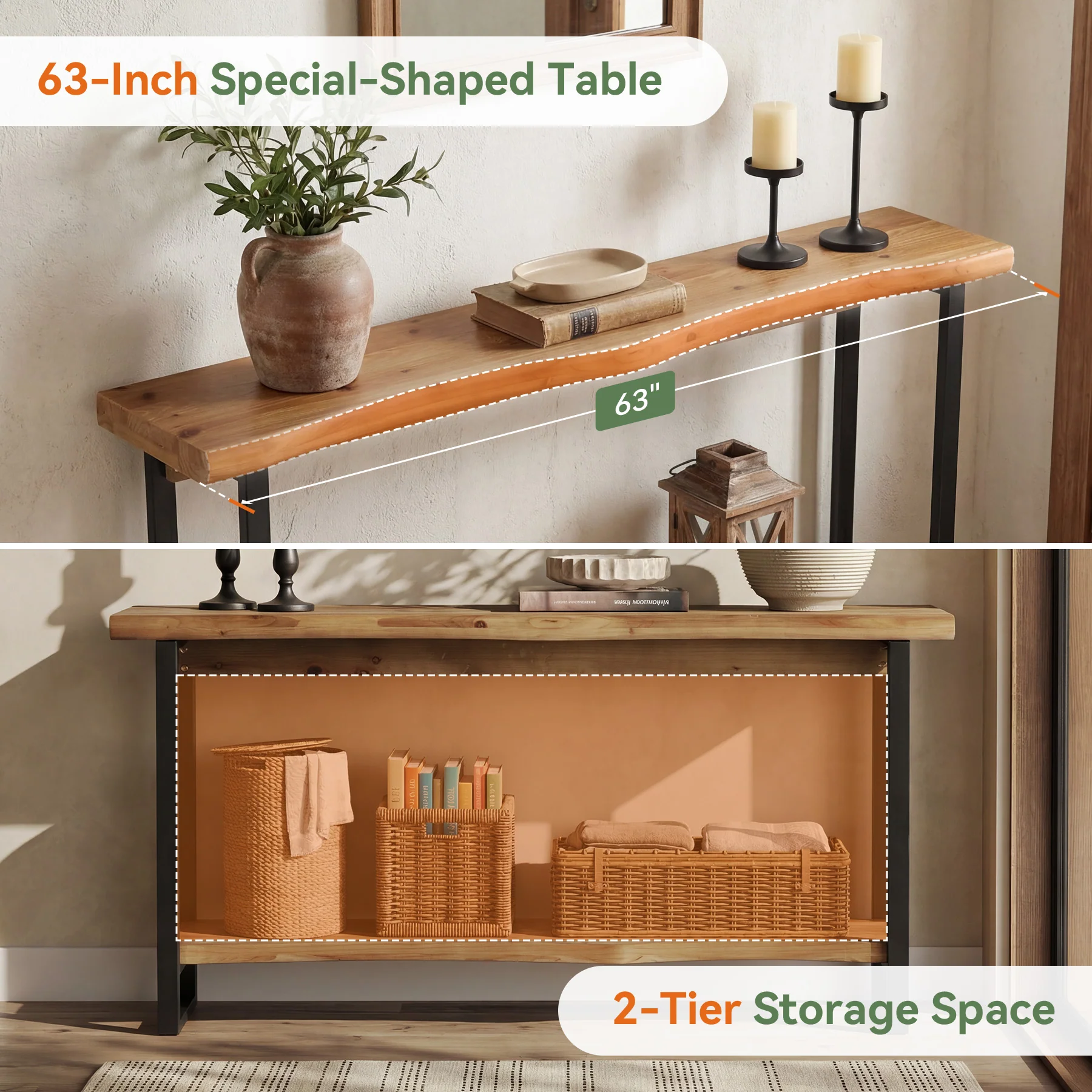 63" Solid Wood Live-Edge Console Table with Metal Legs – Narrow Farmhouse Sofa Table - Image 7