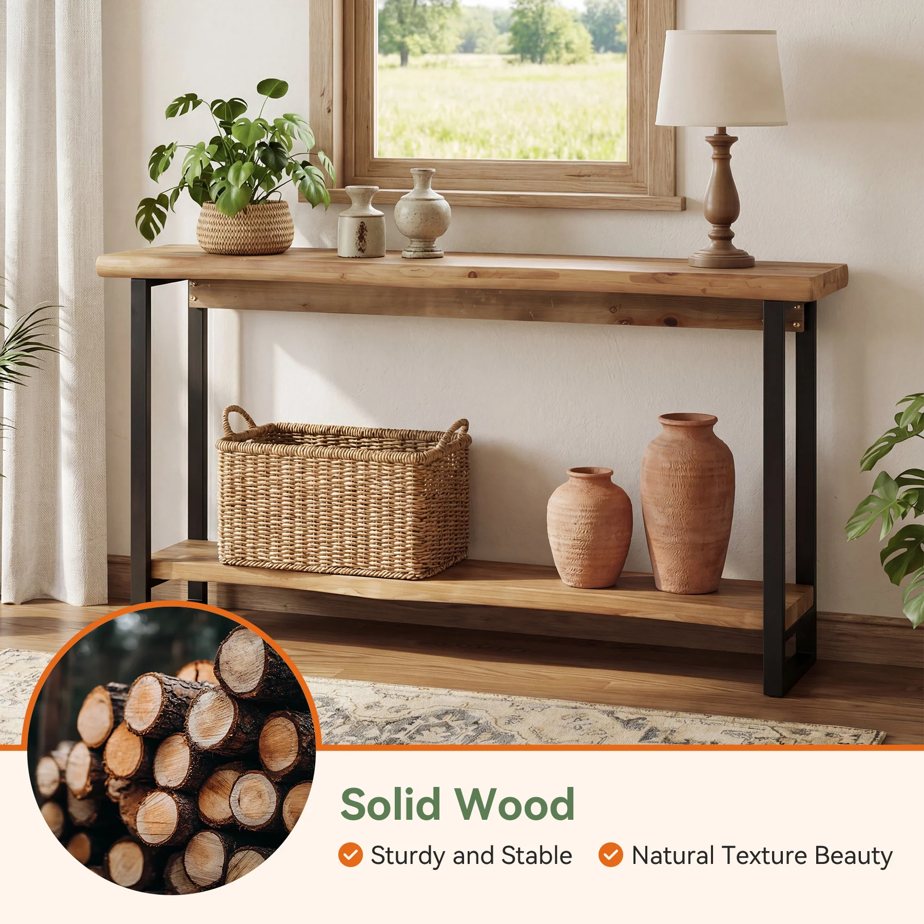 63" Solid Wood Live-Edge Console Table with Metal Legs – Narrow Farmhouse Sofa Table - Image 8