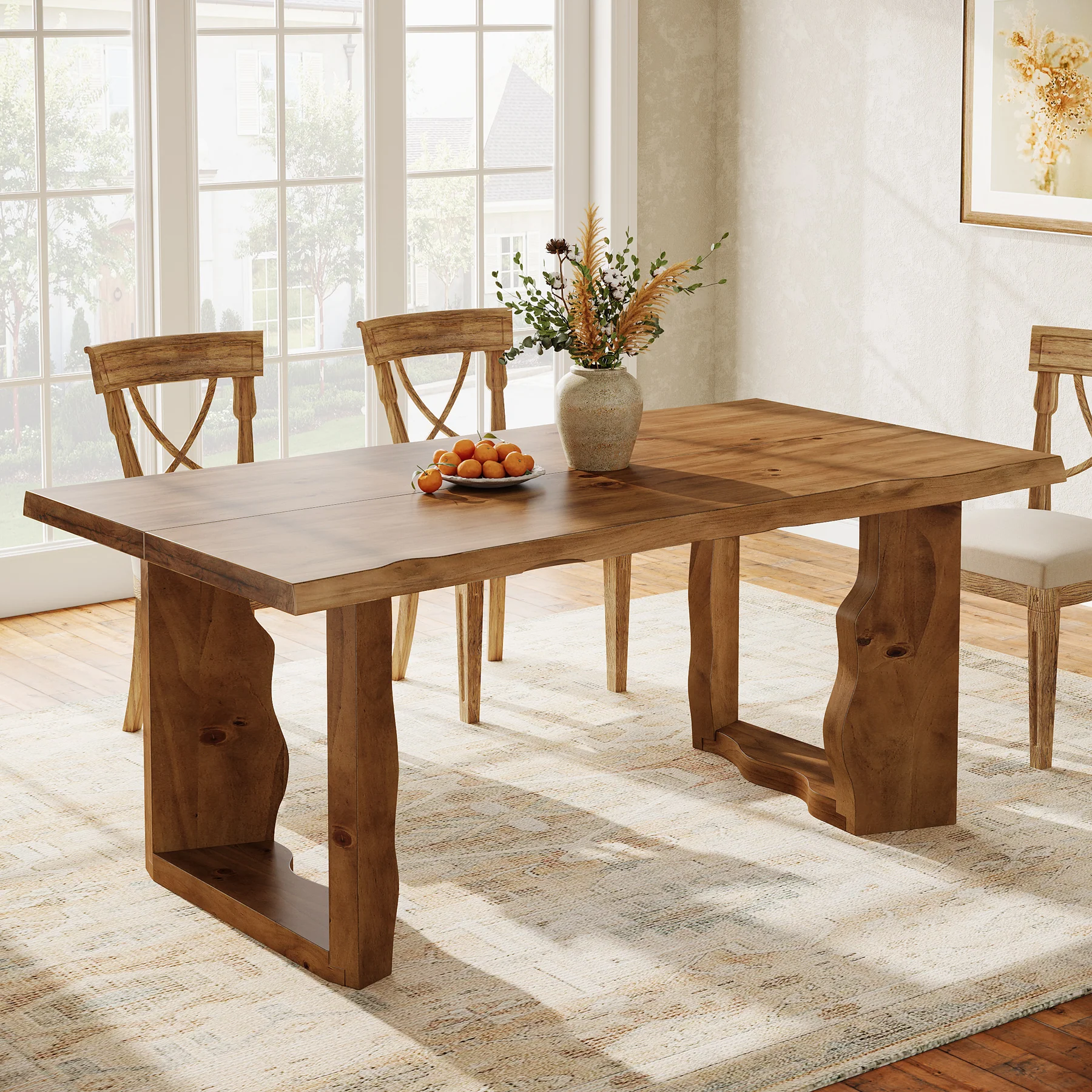63" Solid Wood Live Edge Dining Table for 6, Rustic Modern Kitchen & Dining Room Table with Sculptural Legs