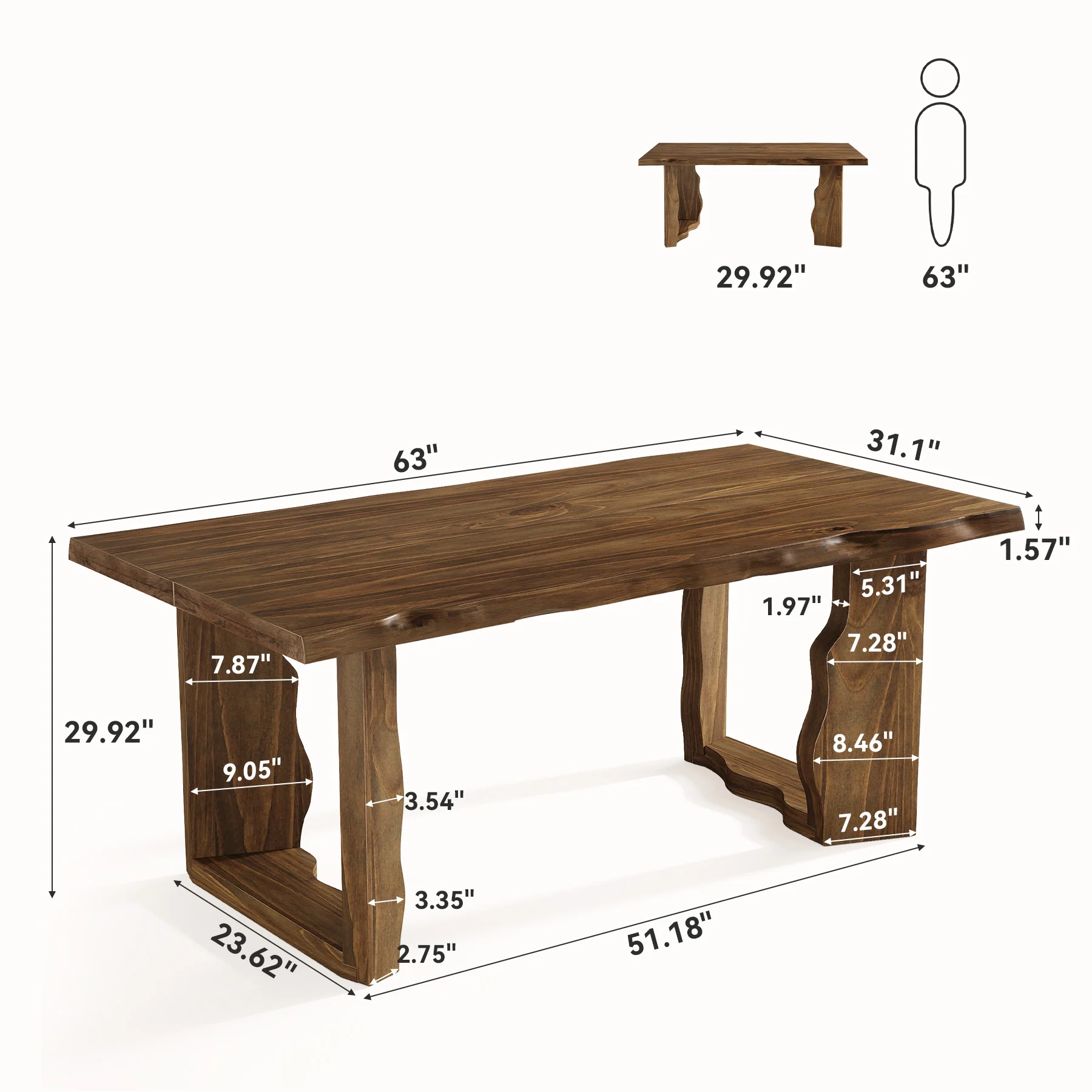 63" Solid Wood Live Edge Dining Table for 6, Rustic Modern Kitchen & Dining Room Table with Sculptural Legs - Image 11