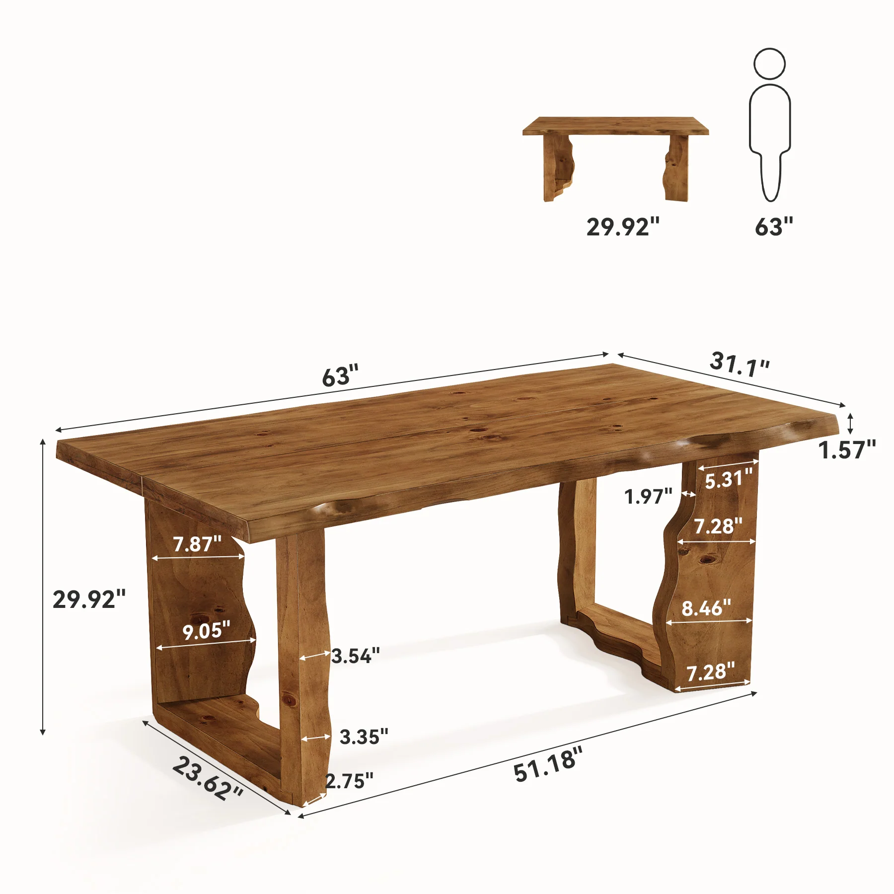 63" Solid Wood Live Edge Dining Table for 6, Rustic Modern Kitchen & Dining Room Table with Sculptural Legs - Image 2