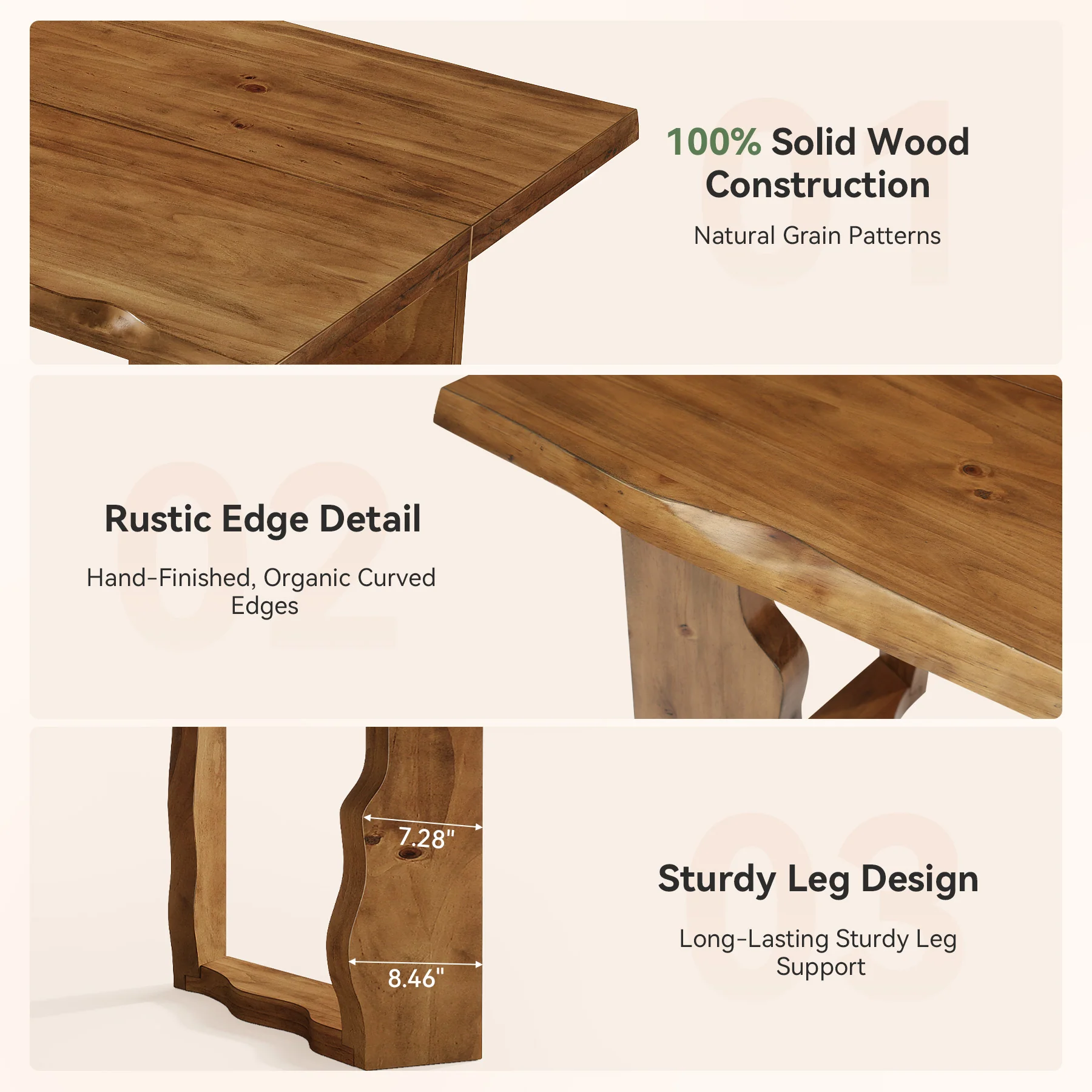 63" Solid Wood Live Edge Dining Table for 6, Rustic Modern Kitchen & Dining Room Table with Sculptural Legs - Image 9