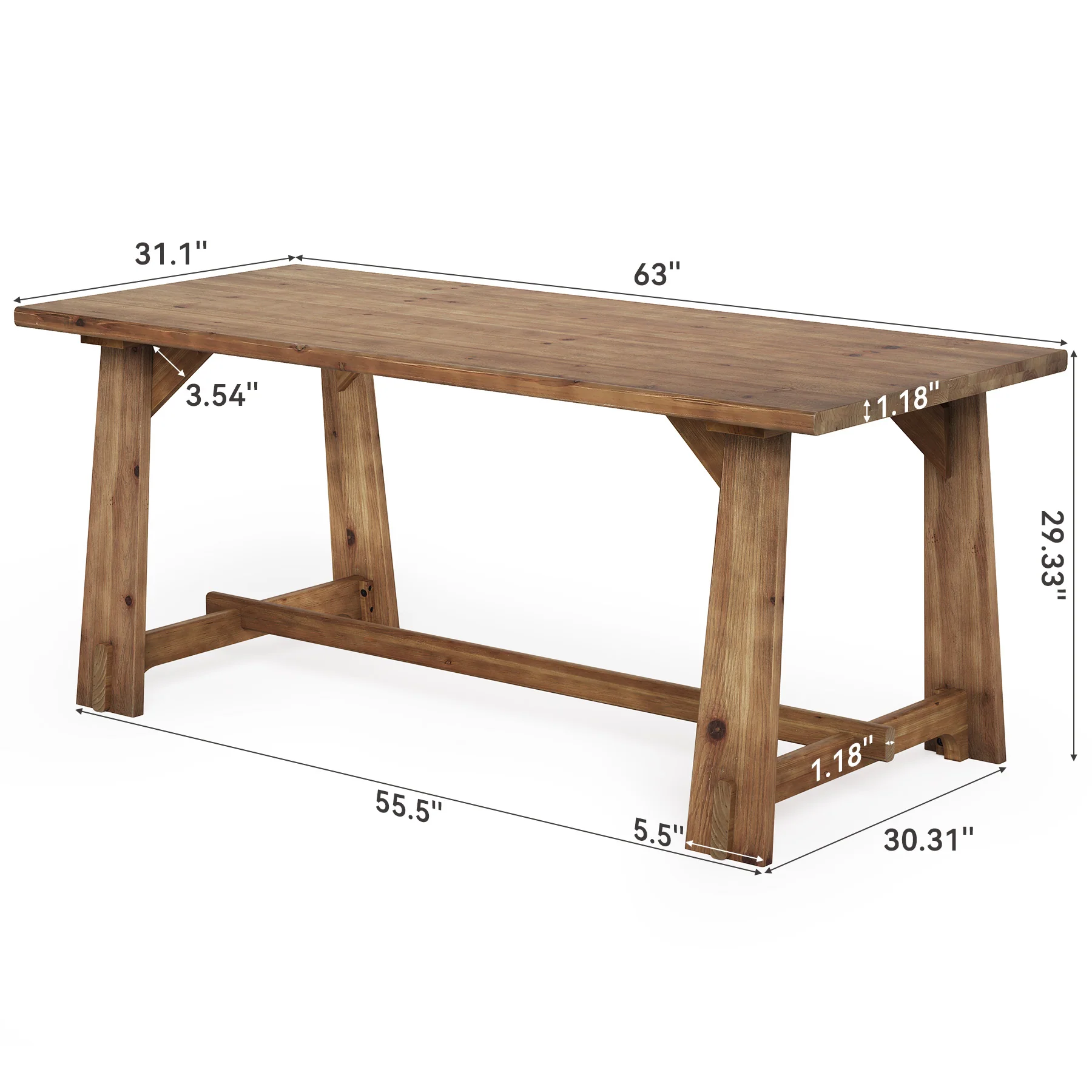 63" Solid Wood Office Desk, Farmhouse Executive Computer Desk with Large Work Surface - Image 2