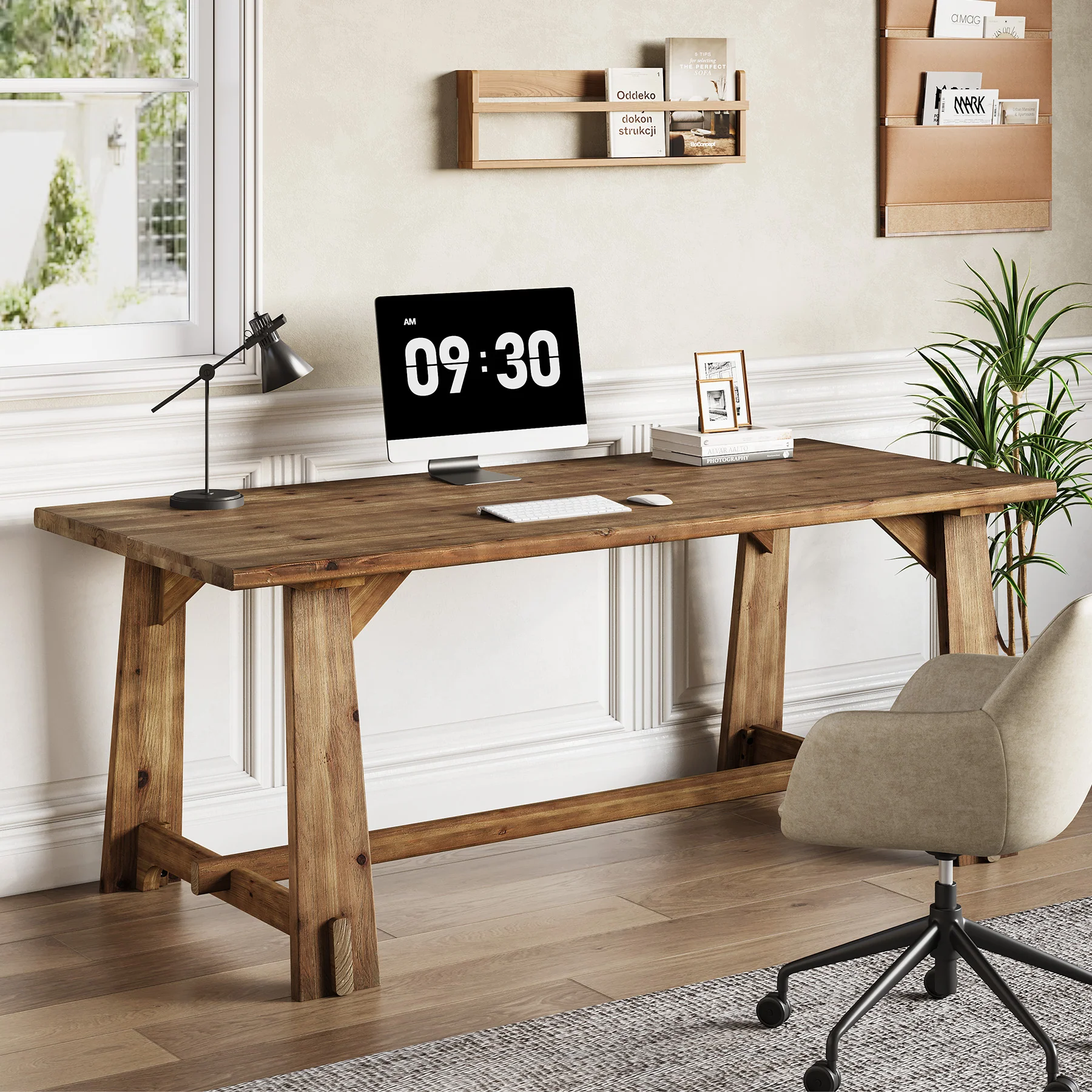 63" Solid Wood Office Desk, Farmhouse Executive Computer Desk with Large Work Surface - Image 4