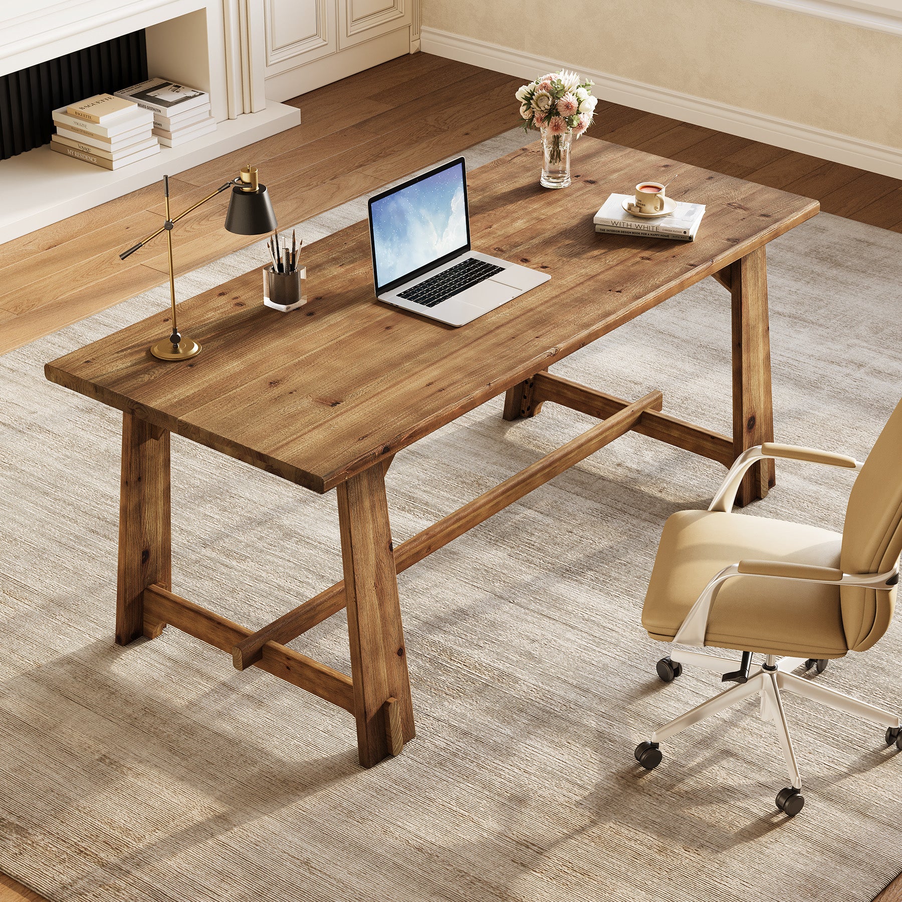 63" Solid Wood Office Desk, Farmhouse Executive Computer Desk with Large Work Surface - Image 5