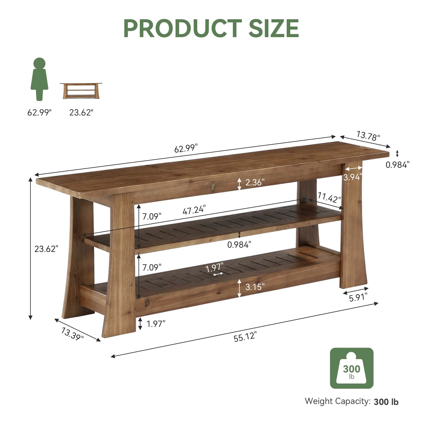 63-Inch Solid Wood Shoe Bench, Farmhouse Indoor Entryway Bench with 3-Tier Storage - Image 2