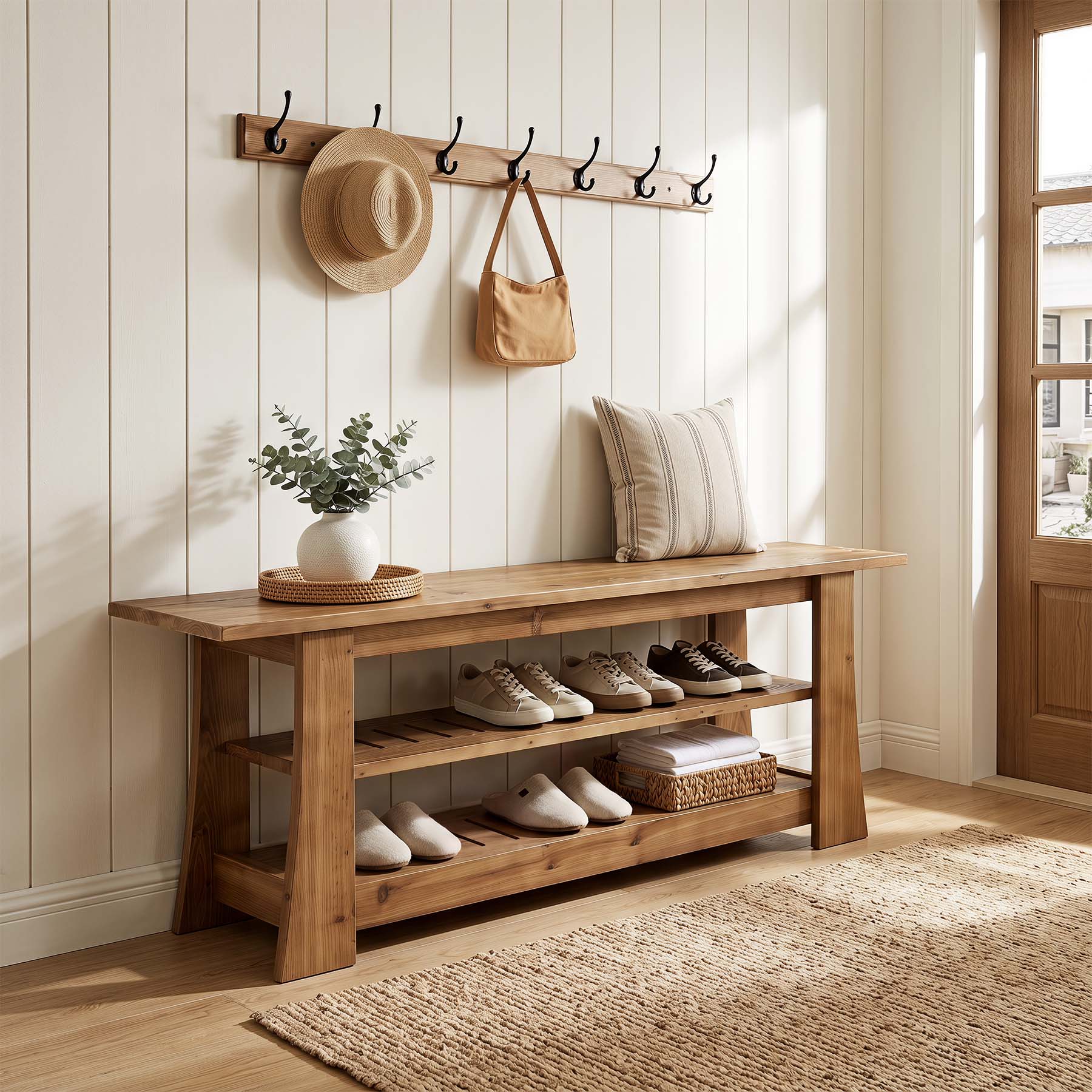63-Inch Solid Wood Shoe Bench, Farmhouse Indoor Entryway Bench with 3-Tier Storage - Image 3