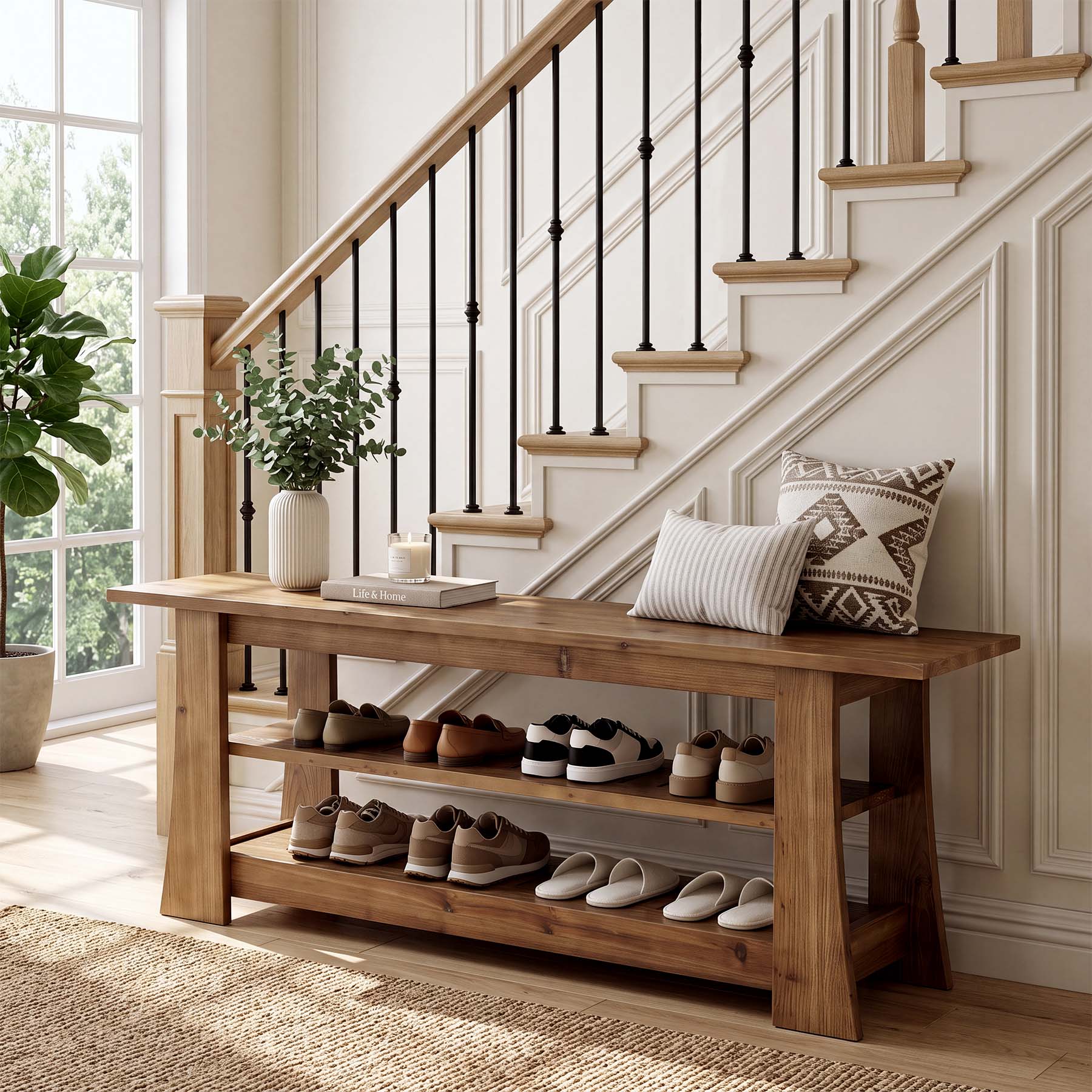 63-Inch Solid Wood Shoe Bench, Farmhouse Indoor Entryway Bench with 3-Tier Storage - Image 4