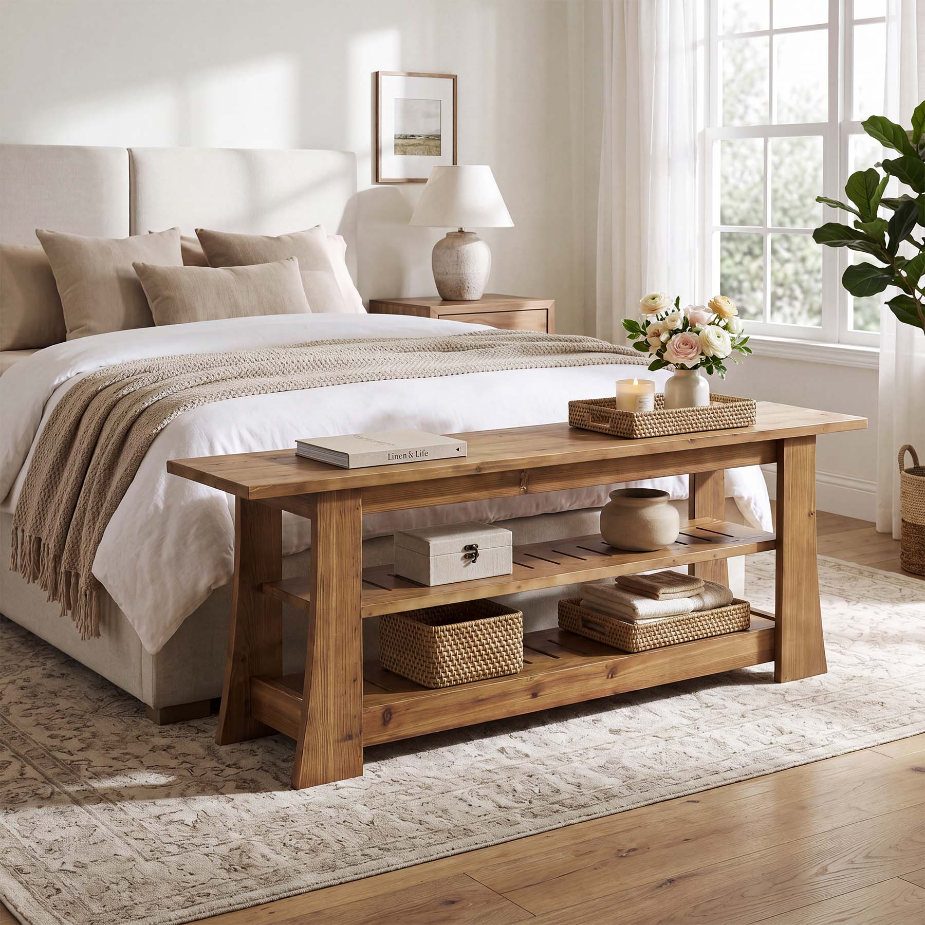 63-Inch Solid Wood Shoe Bench, Farmhouse Indoor Entryway Bench with 3-Tier Storage - Image 5
