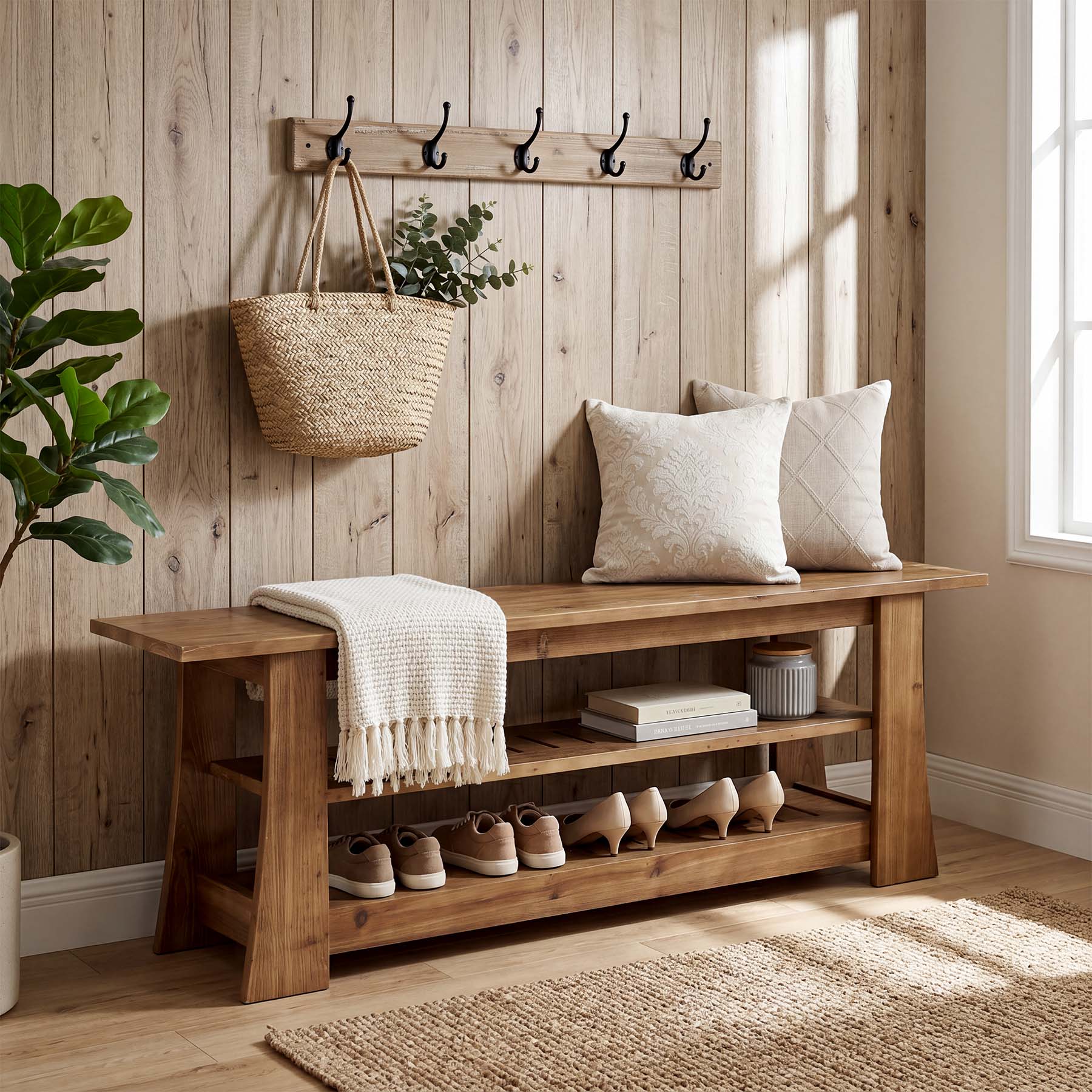 63-Inch Solid Wood Shoe Bench, Farmhouse Indoor Entryway Bench with 3-Tier Storage - Image 6