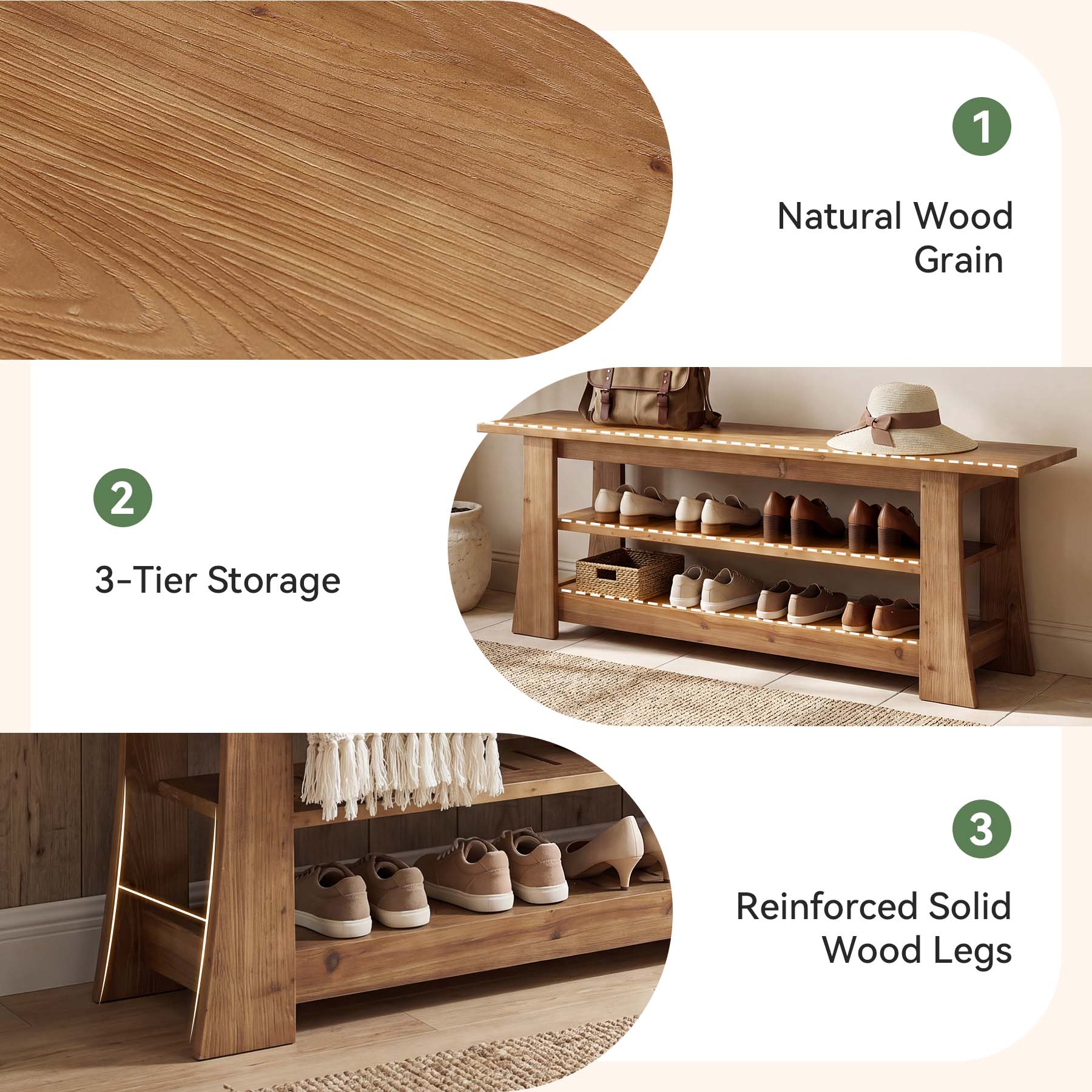 63-Inch Solid Wood Shoe Bench, Farmhouse Indoor Entryway Bench with 3-Tier Storage - Image 7