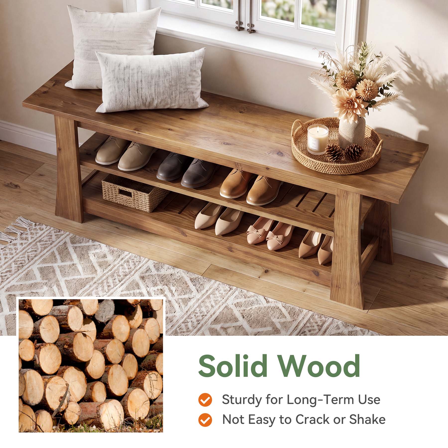 63-Inch Solid Wood Shoe Bench, Farmhouse Indoor Entryway Bench with 3-Tier Storage - Image 8